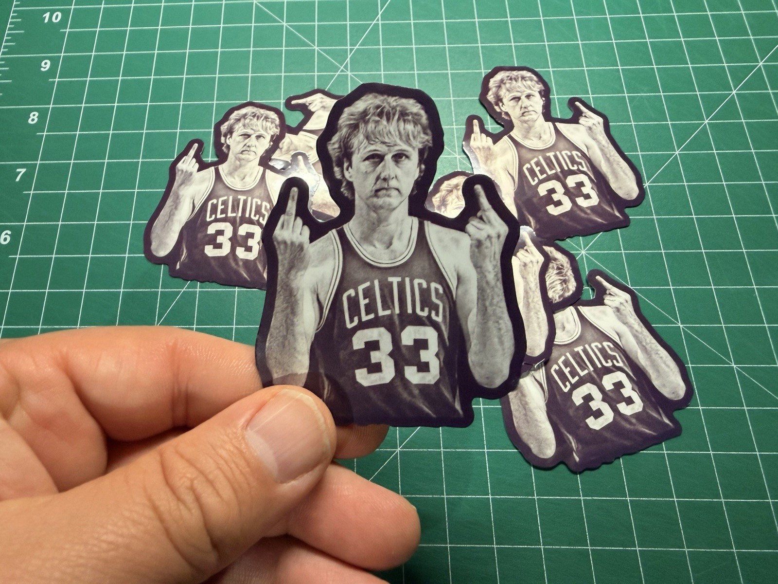 Larry Bird Middle Fingers – Flipping The Bird- Laminated Vinyl Sticker – 2"x3"