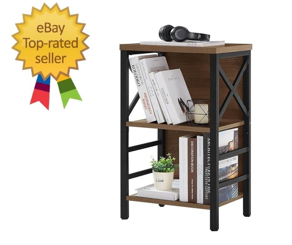 Small Bookshelf 3 Tier Industrial Bookcase Rustic Brown Metal Frame Home Storage