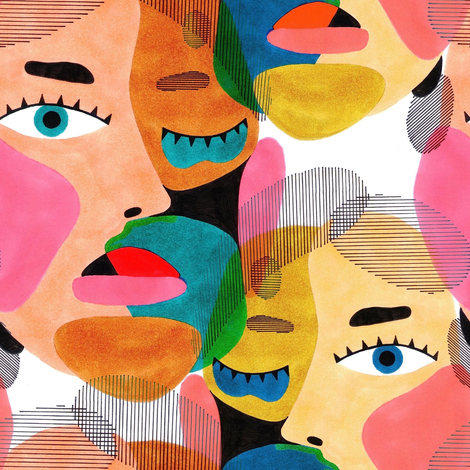 Modern Art Peel & Stick Wallpaper – Abstract Colorful Human Face Pattern Cont…