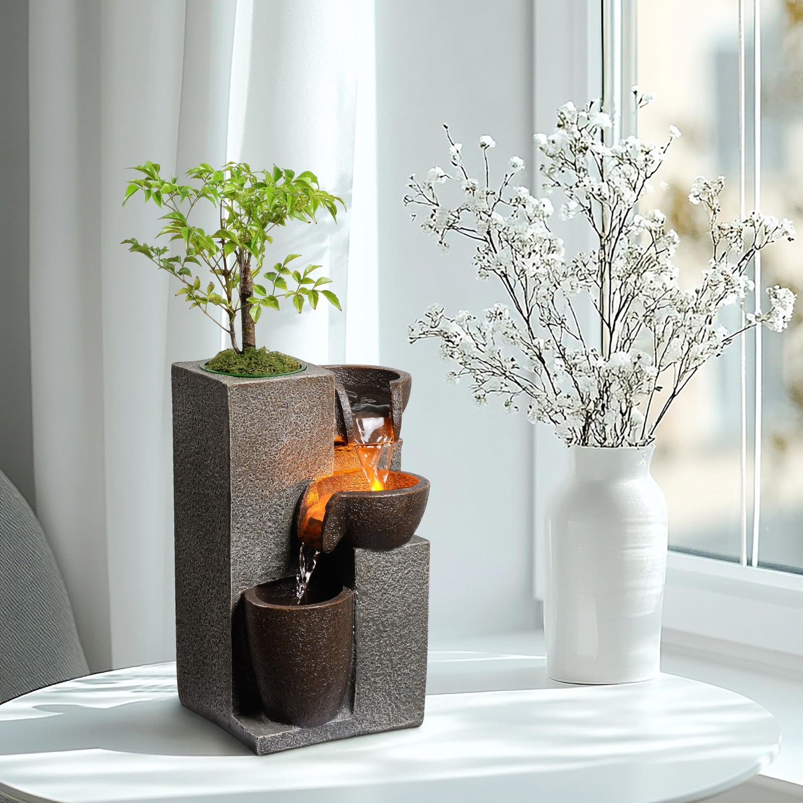 Resin Tabletop Waterfall Fountain with LED Light & Plant Pot, Indoor Desk Wat…
