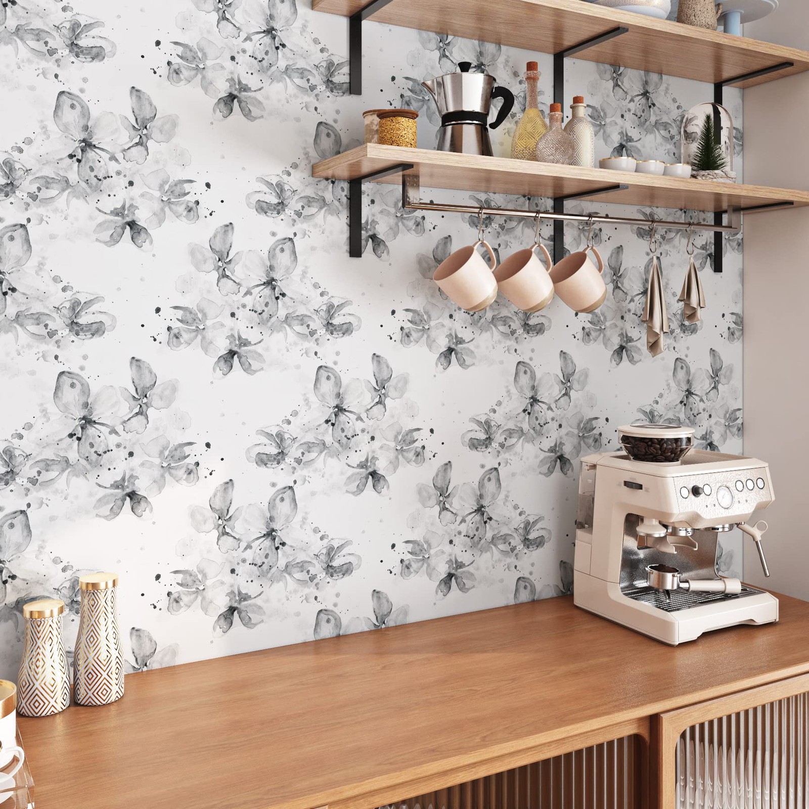 ReWallpaper 17.5in X 23ft Neutral Floral Wallpaper Peel and Stick Modern Ink …