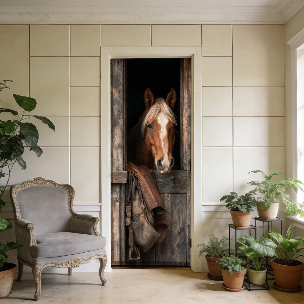 1PC Rustic Horse Door Sticker 30.3×78.7 Inch Adhesive PVC Peel and Stick Door…