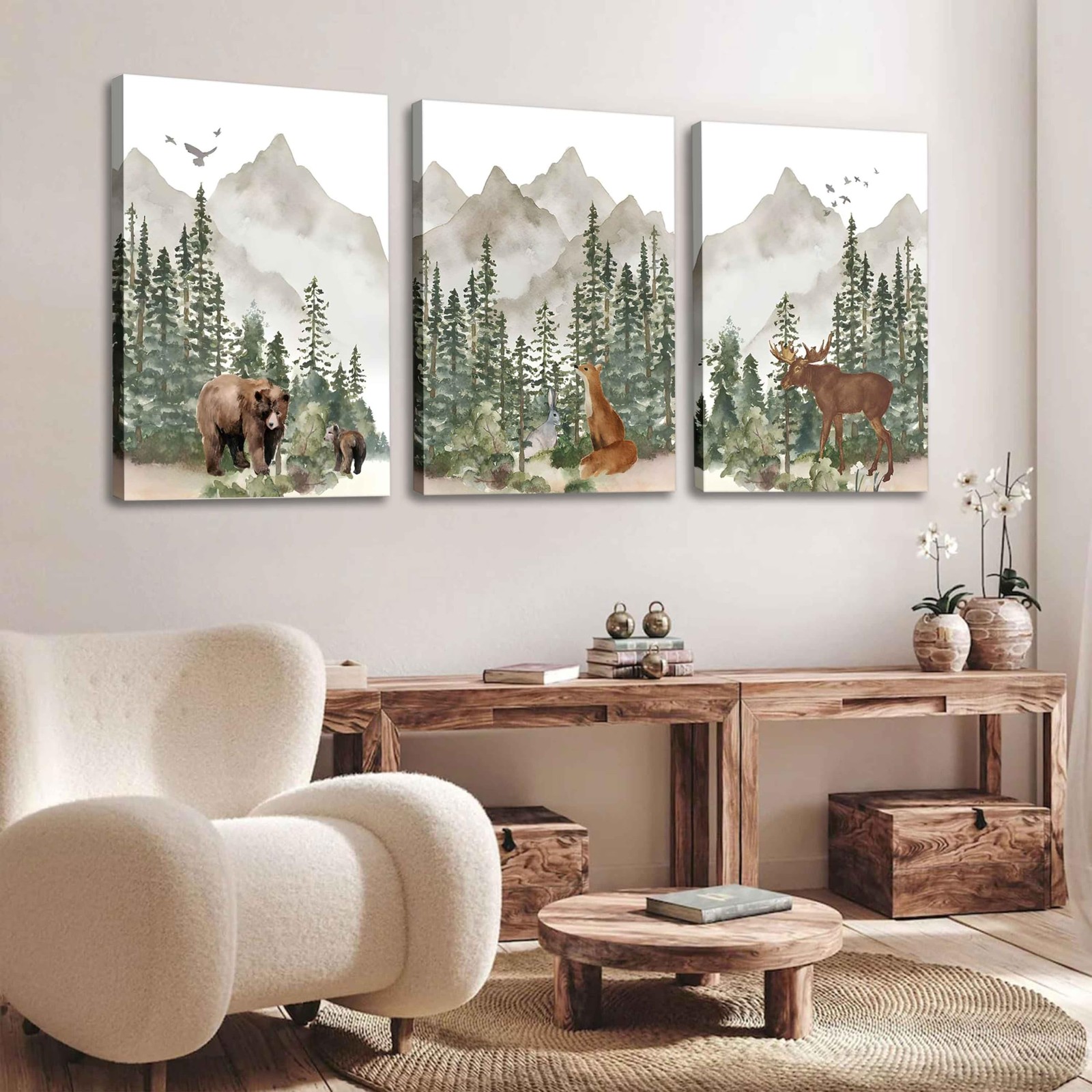 3Pcs Woodland Nursery Wall Art Wild Animals Posters Pictures Foggy Forest Can…