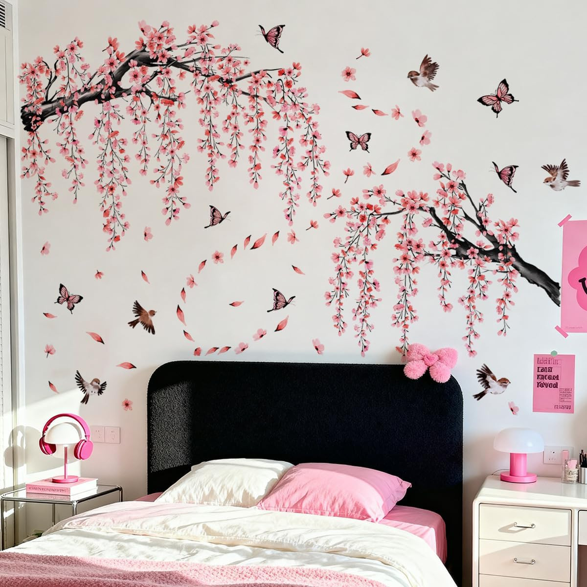 Large Cherry Blossom Wall Decals with Butterflies and Birds, Pink Floral Tree Br