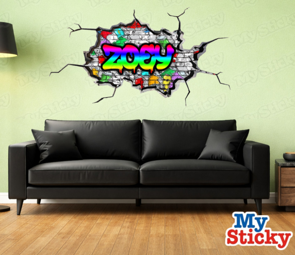 Custom Graffiti Name Wall Decal 3D Brick Breakthrough Personalized Room Sticker