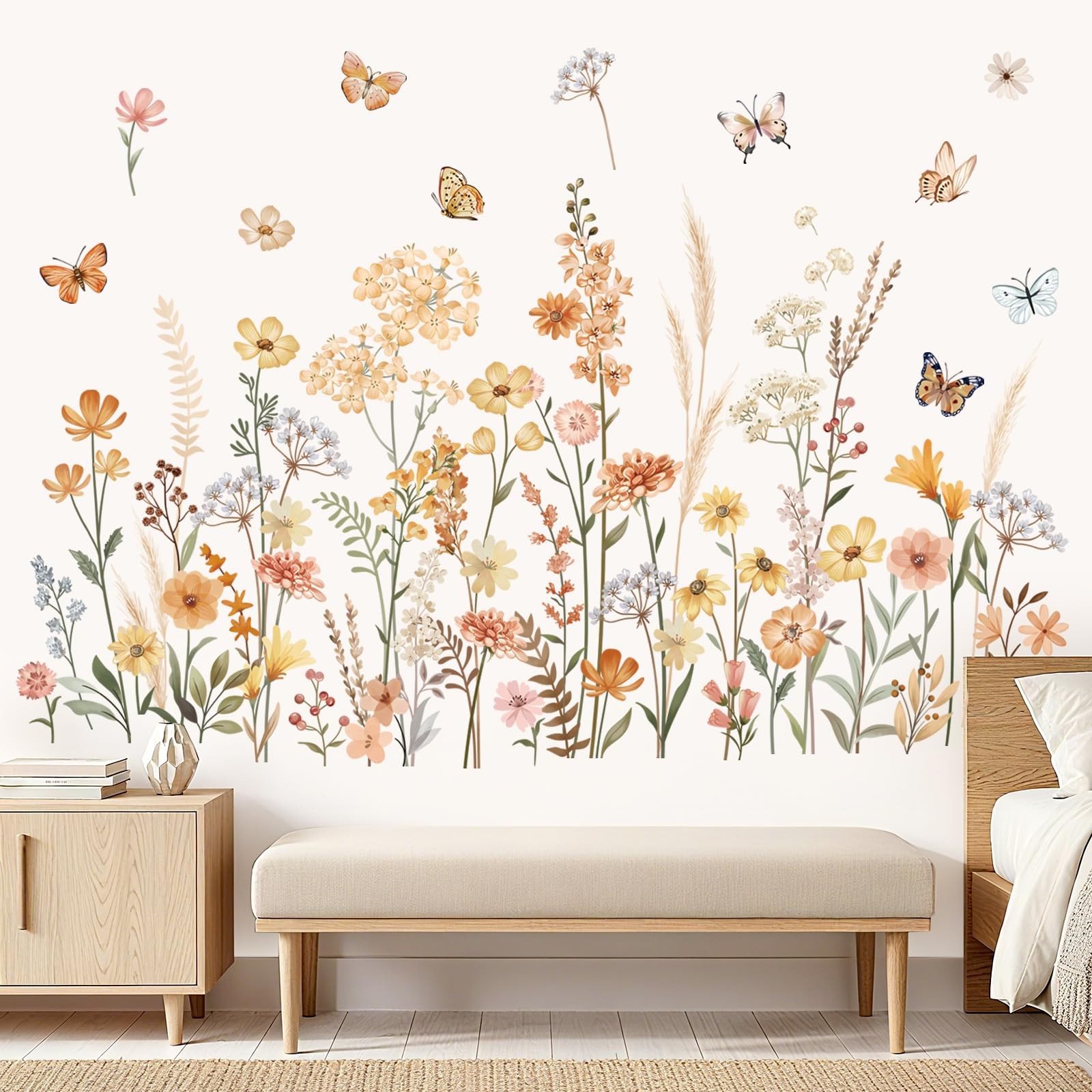Boho Wildflower Wall Stickers Flowers Floral Grass Peel and Stick Wall Art De…