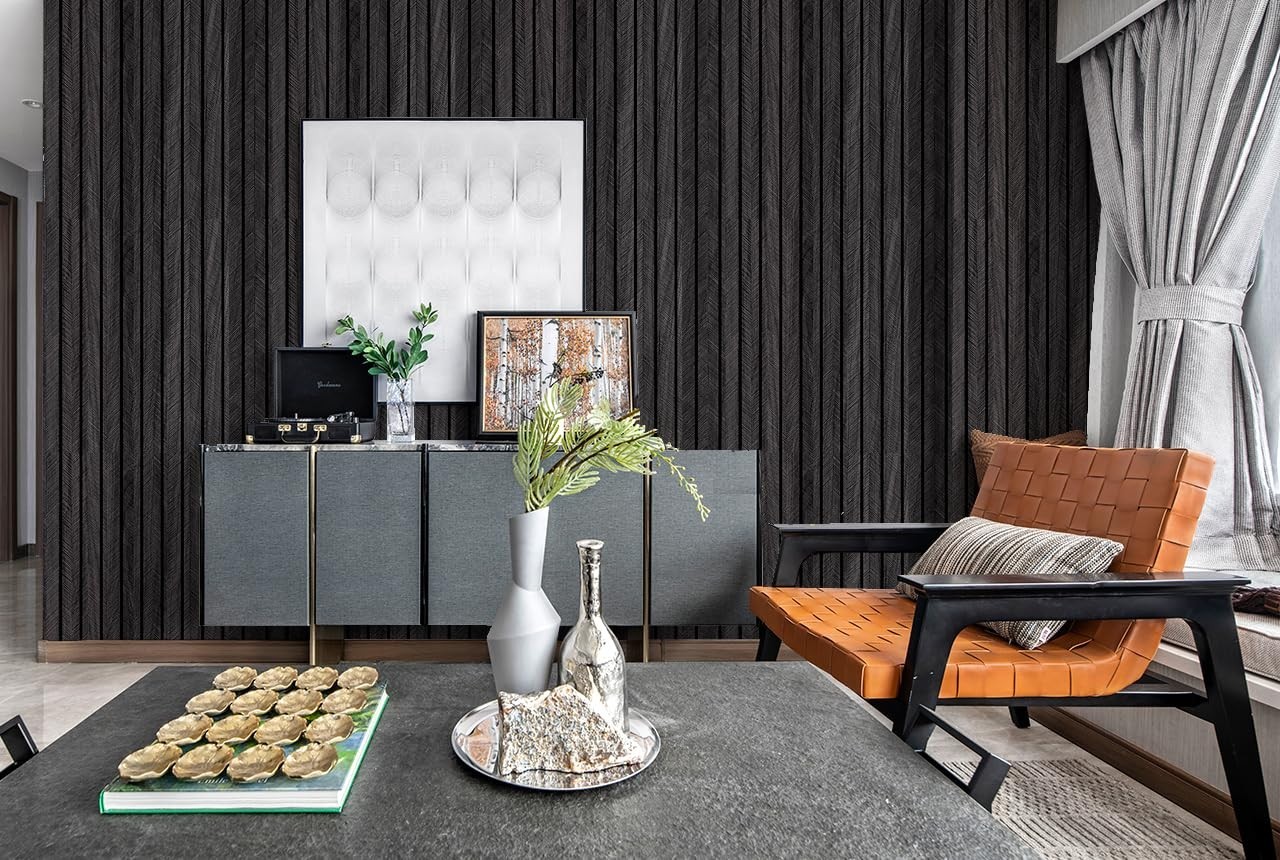 Self-Adhesive PVC Slat Wall Panels – Peel & Stick Faux Black Oak Wood 3D Decor