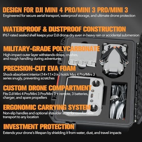 Hard Case for DJI Mini 4 Pro: Waterproof Hard Shell with Foam for DJI Drone Mini
