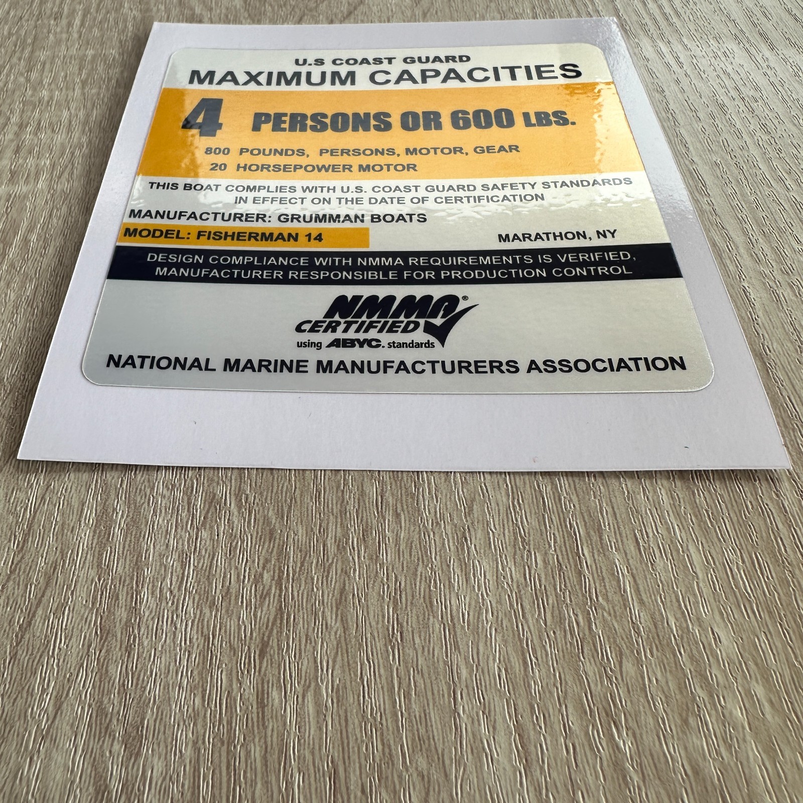 Grumman Fisherman 14 Boat Capacity Plate Decal Replacement Sticker USCG NMMA