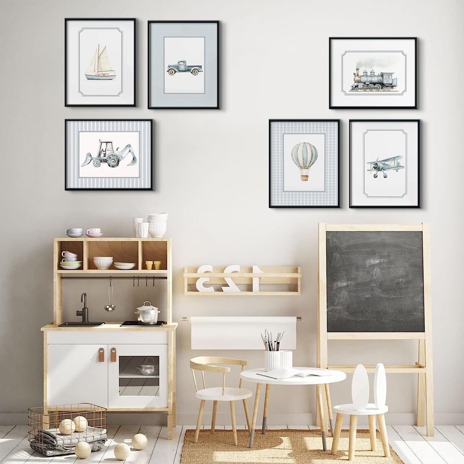 6Pcs Blue Nursery Wall Art Vintage Blue Baby Boys Car Canvas Painting Vintage…