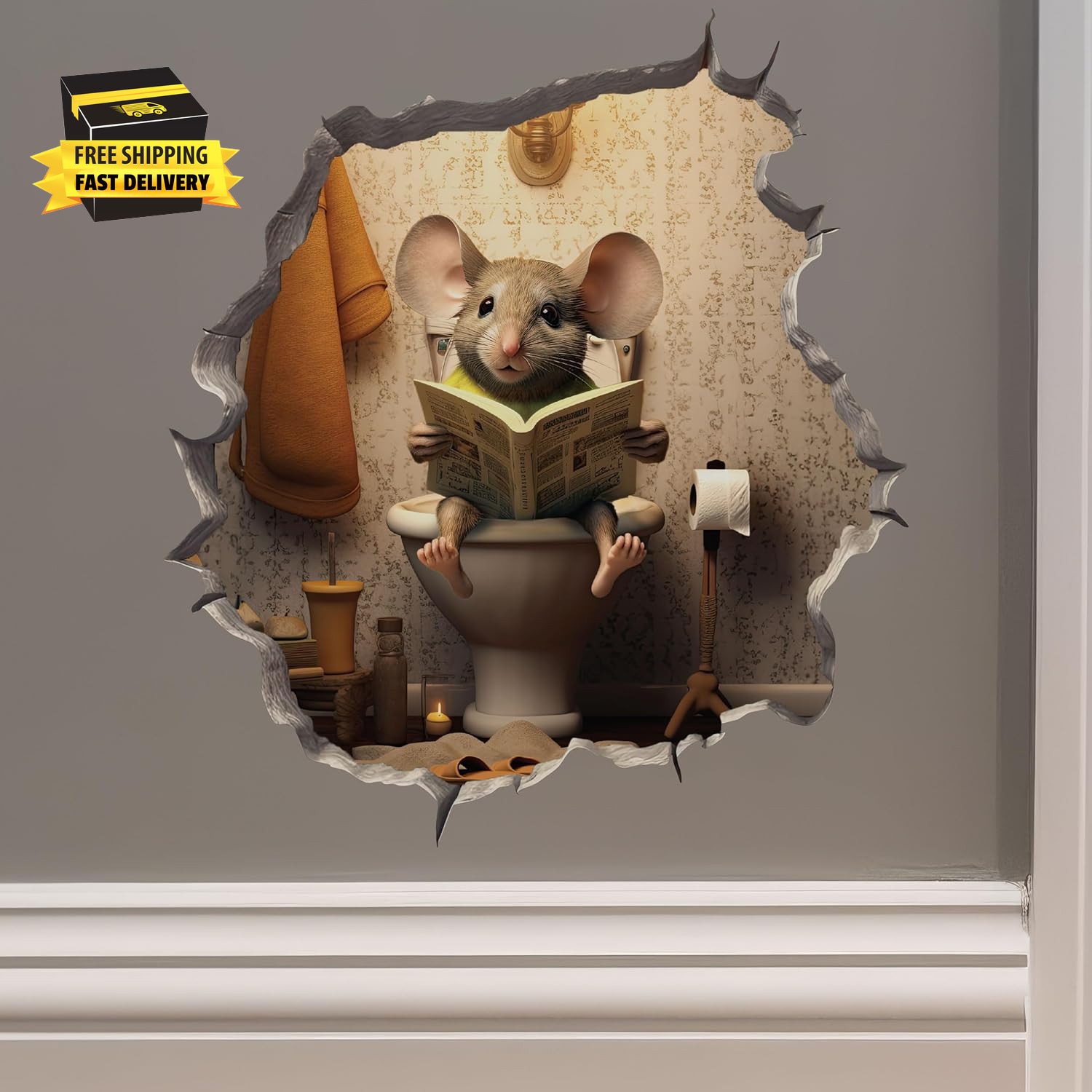 Mouse Sitting on Toilet in Mouse Hole Decal – Mouse Hole Sticker with 3D Effect