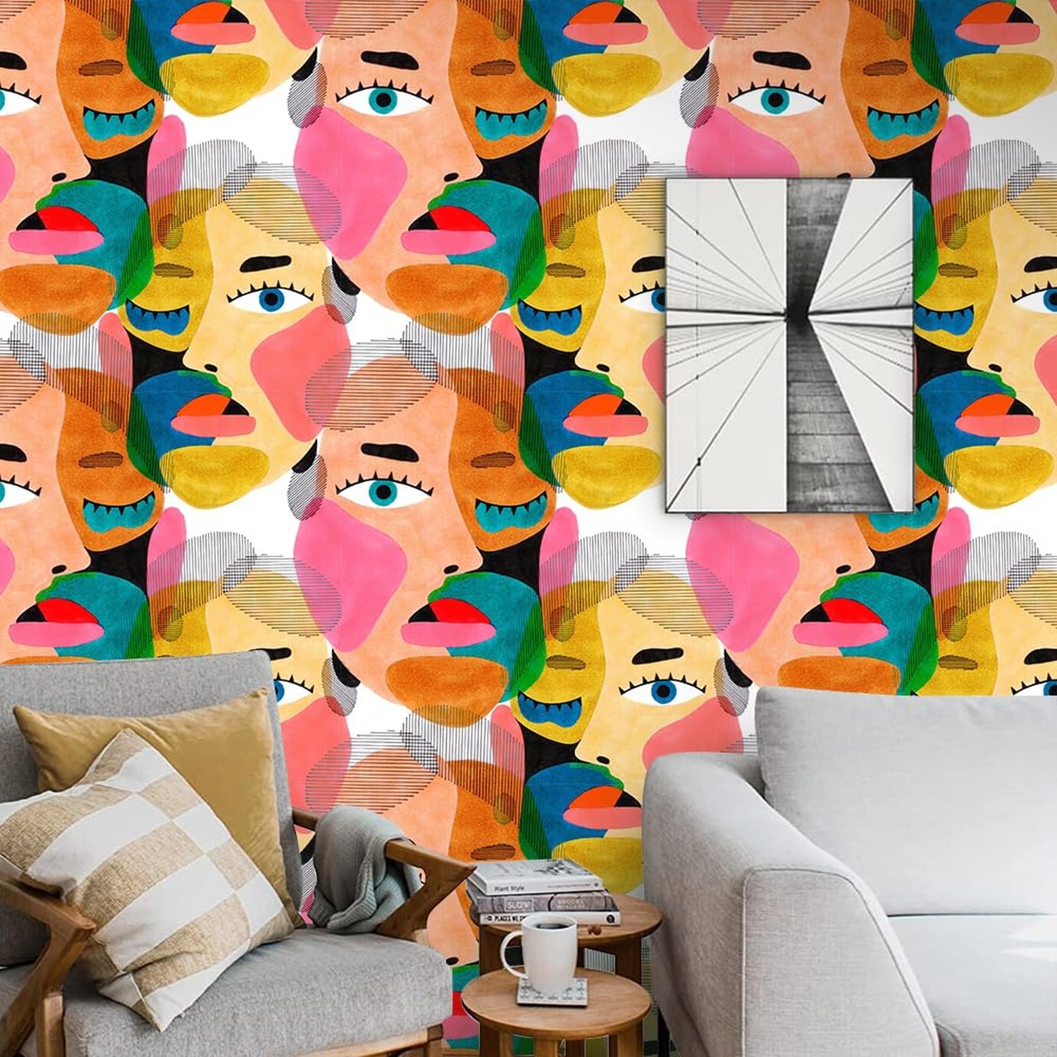 Modern Art Peel & Stick Wallpaper – Abstract Colorful Human Face Pattern Cont…