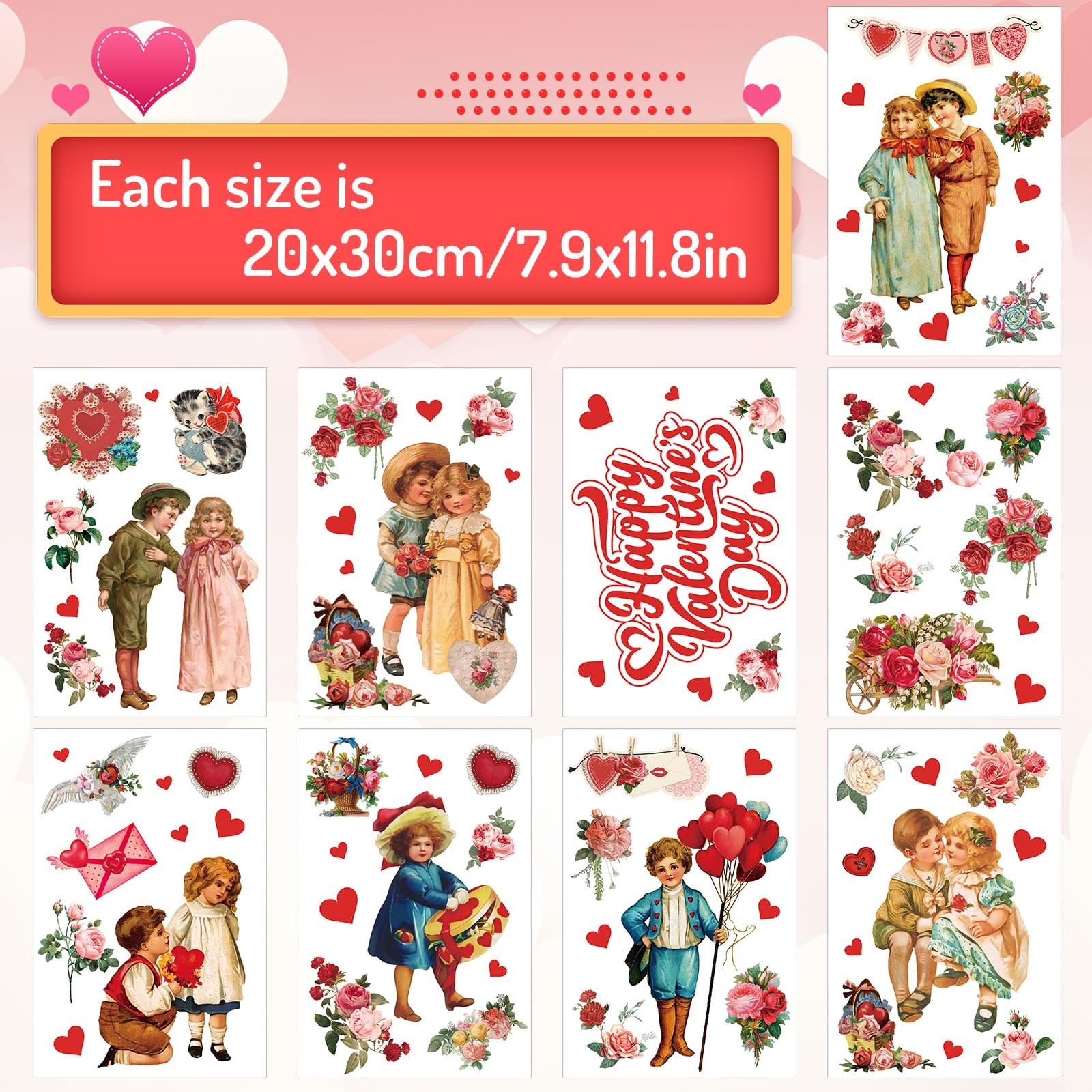 9 Sheets Valentine's Day Wall Decals Vintage Victorian People Rose Heart Wall St