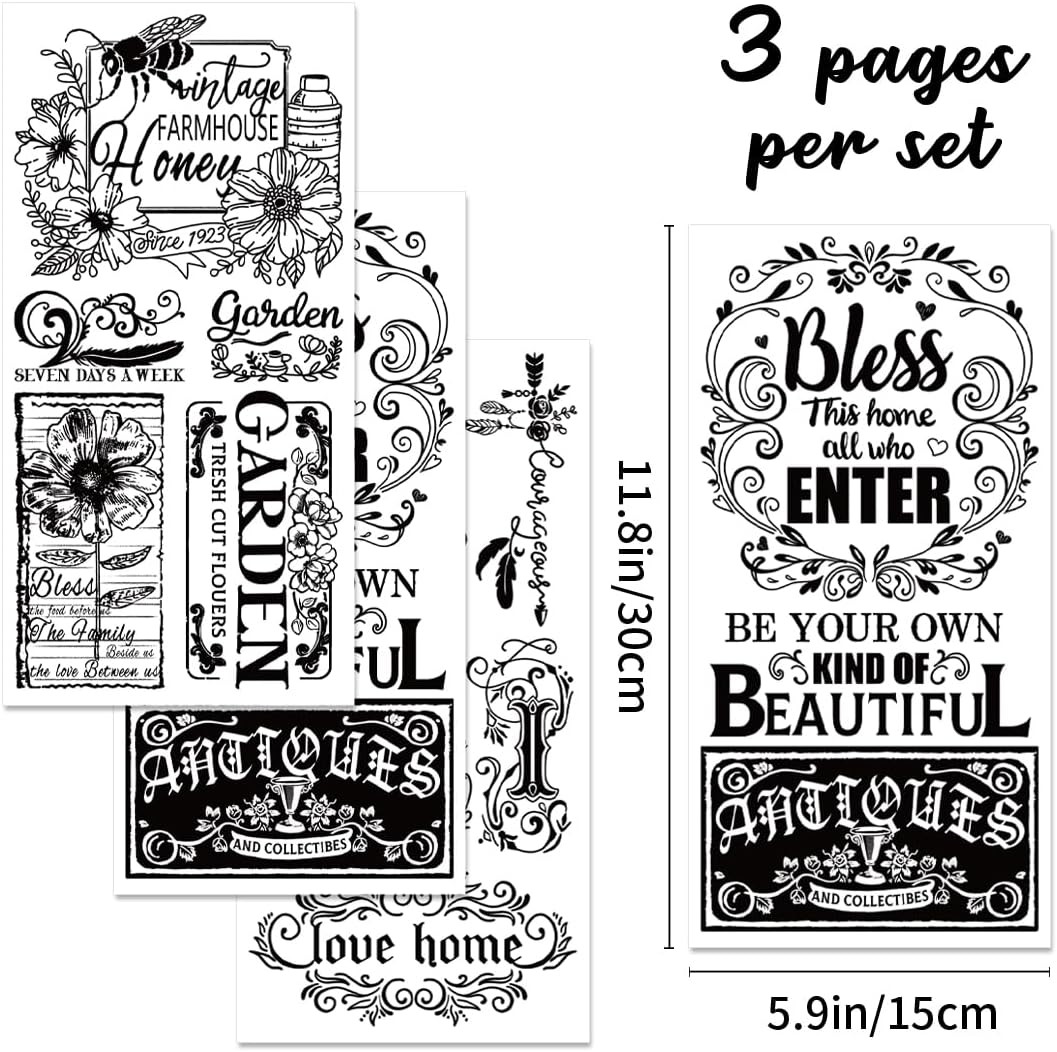 3 Sheet Vintage Word Rub on Transfers for Furniture Crafts Black Warm Vintage…