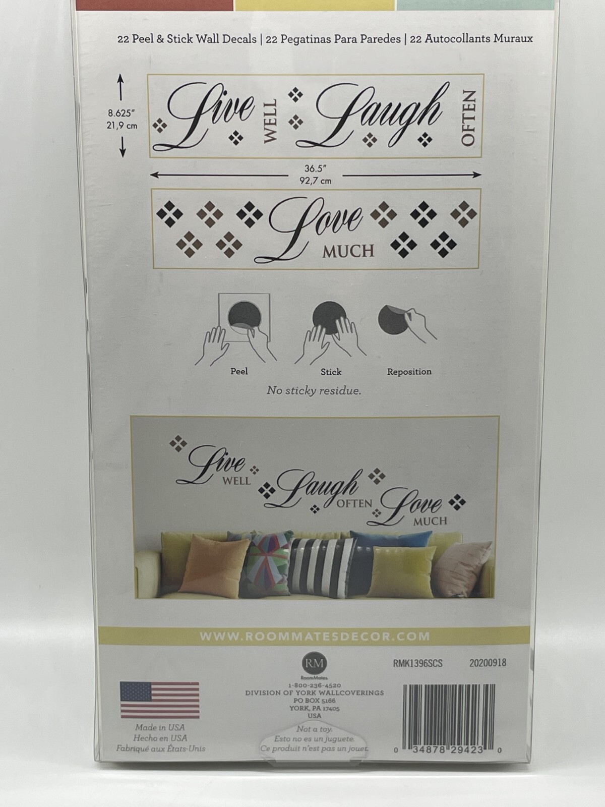 2 Pack Room Mates Prim Live Well Laugh Often Love Much Peel Stick Wall Decals