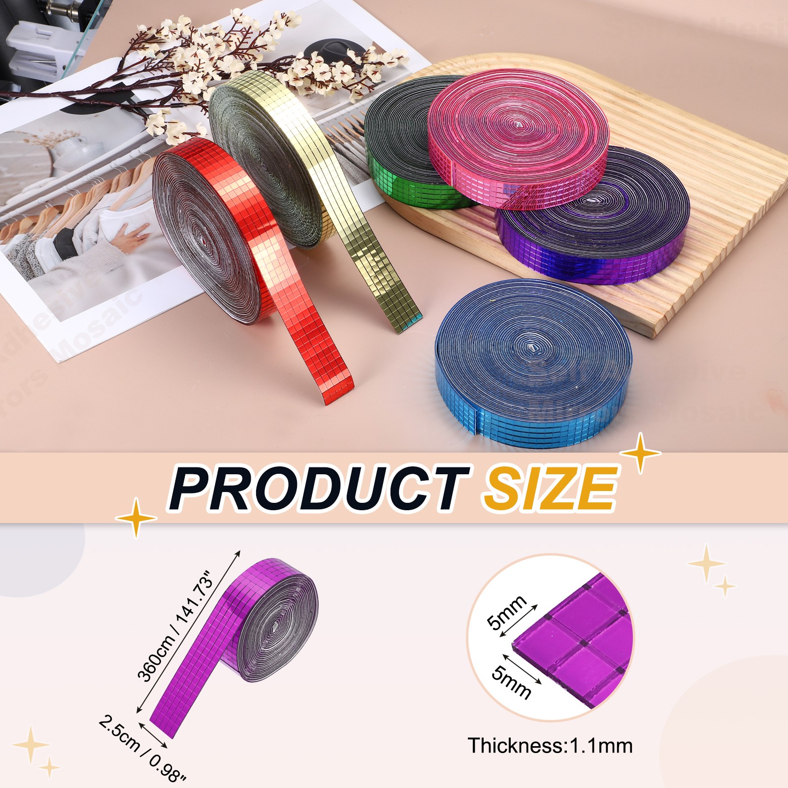 5x5mm Self Adhesive Mirrors Mosaic Tiles, 3600 Pcs Mosaic Sticker, Rose Red