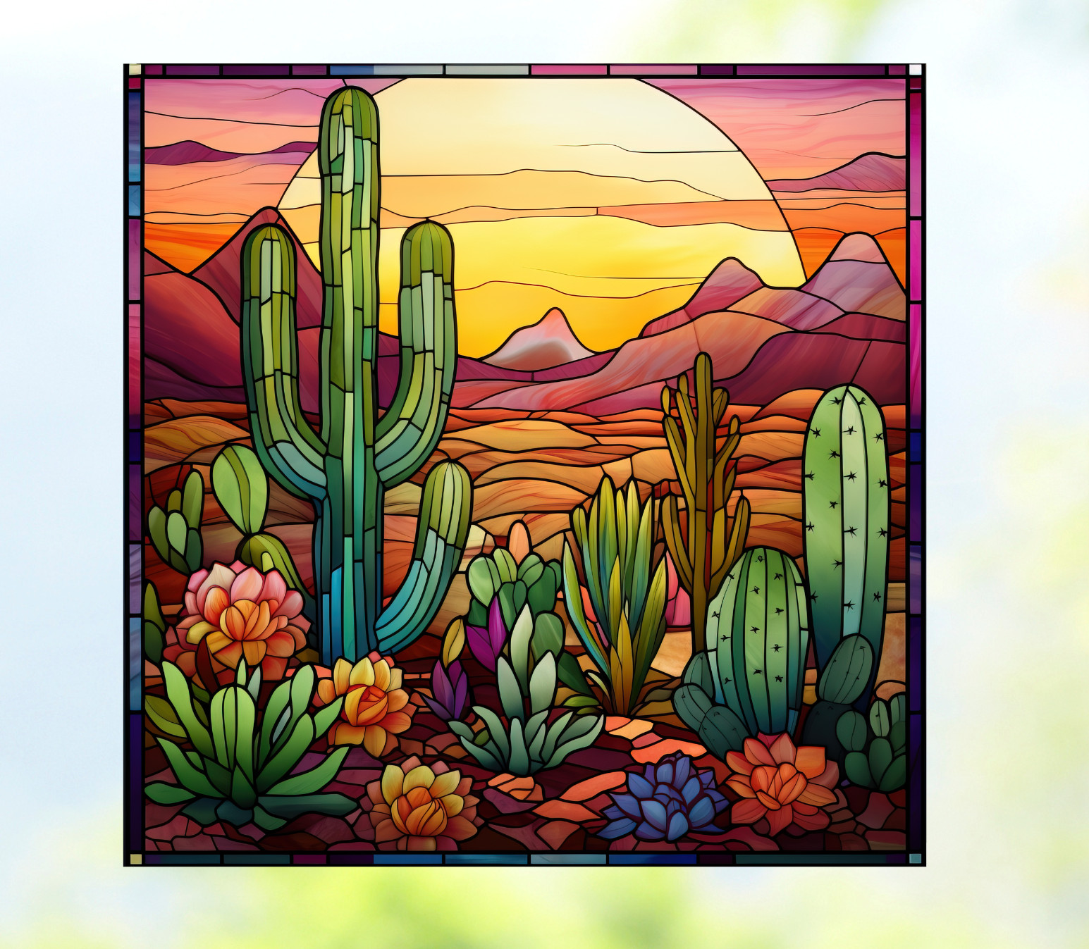 Desert Cactus at Sunrise Faux Stained-Glass WINDOW CLING Size 8" Square Vinyl