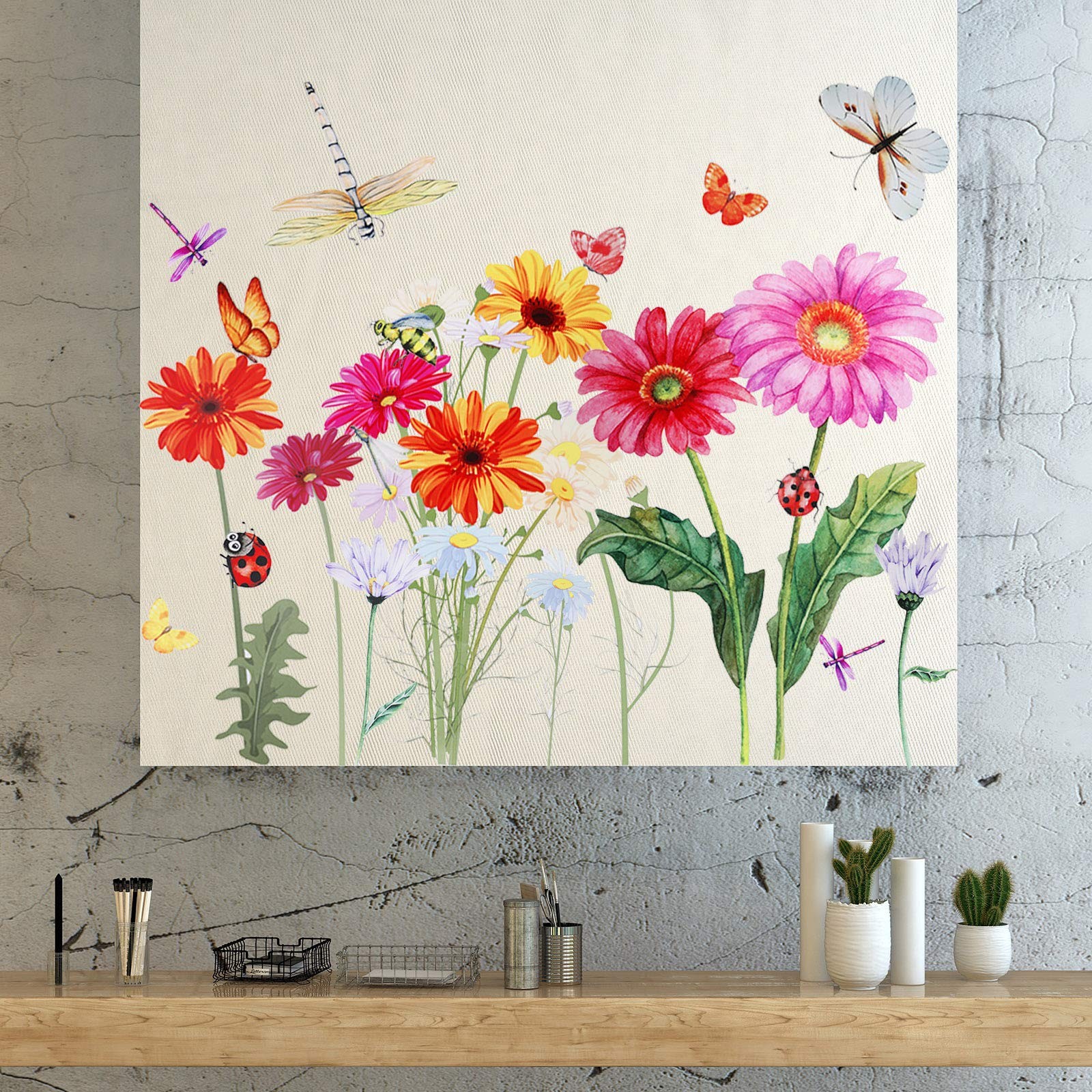 Zonon 64 Pcs Flowers and Butterflies Wall Decals, Wildflower Colorful