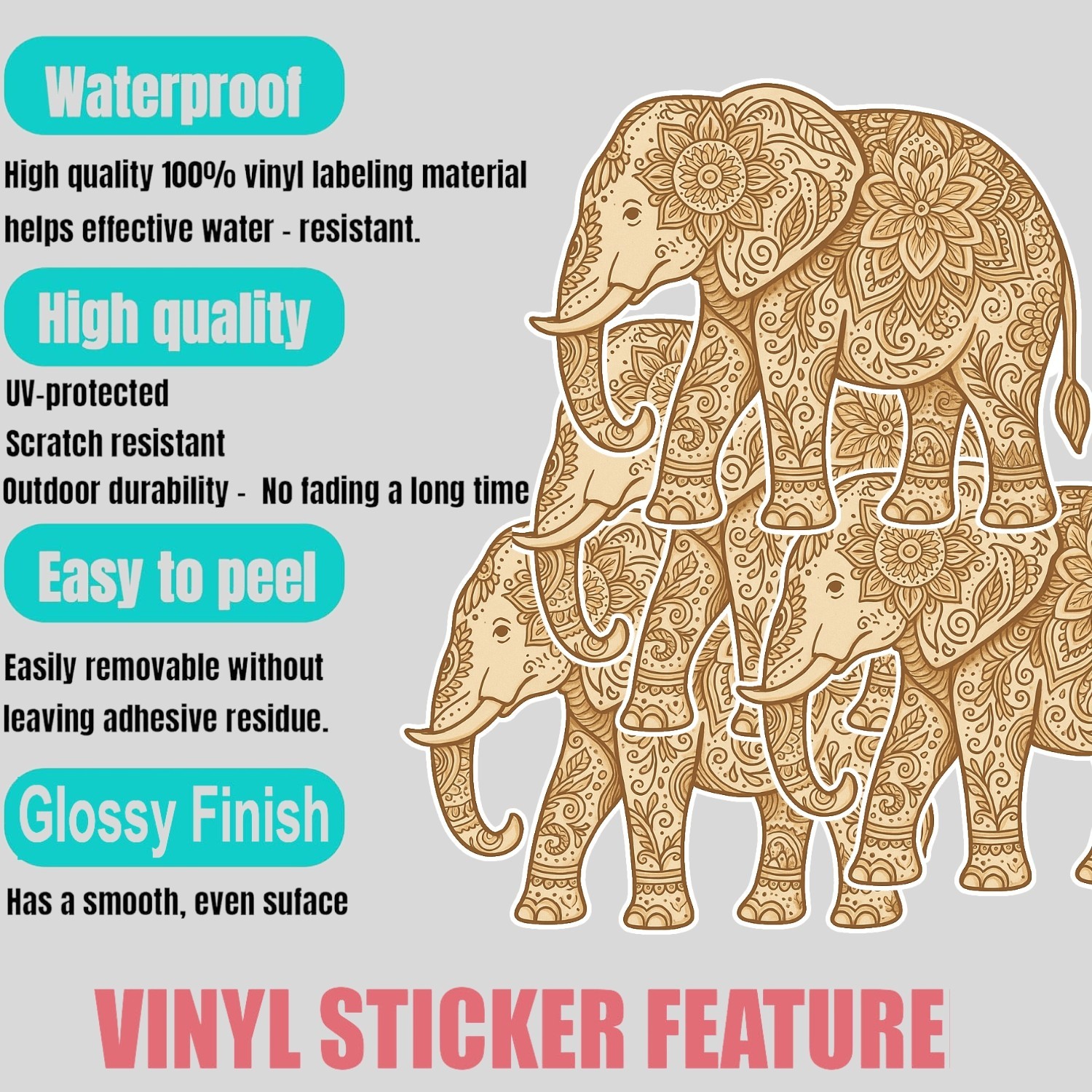 4Pcs Elephant Mandala Stickers: Boho Line Art Vinyl Decals – Waterproof Yoga Gif
