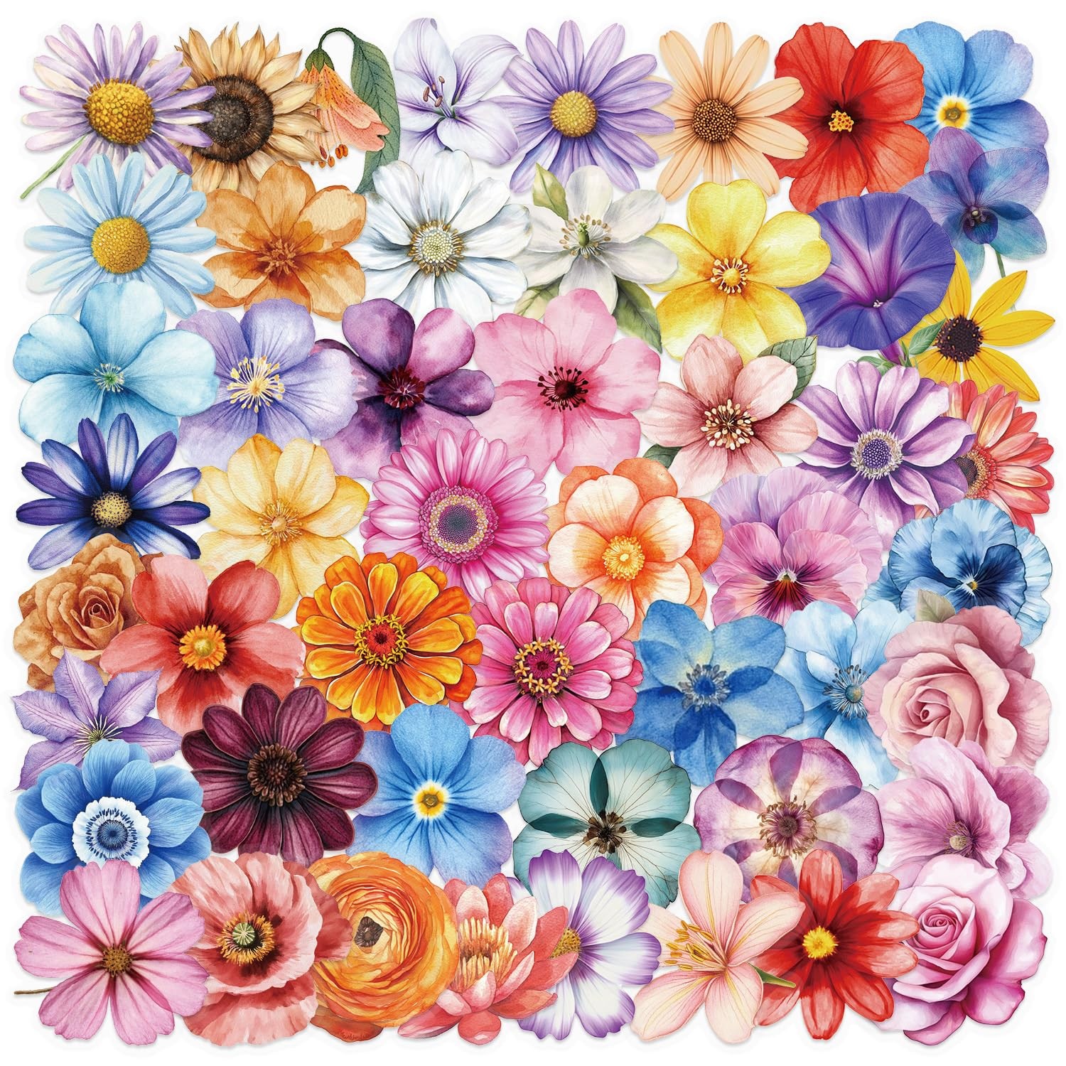 Colorful Flowers Aesthetic Transparent Stickers Pack 50PCS Natural