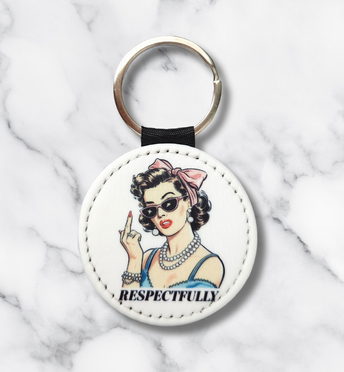 Retro "Respectfully" Middle Finger Keychain – PU Leather, 2×2 Inches