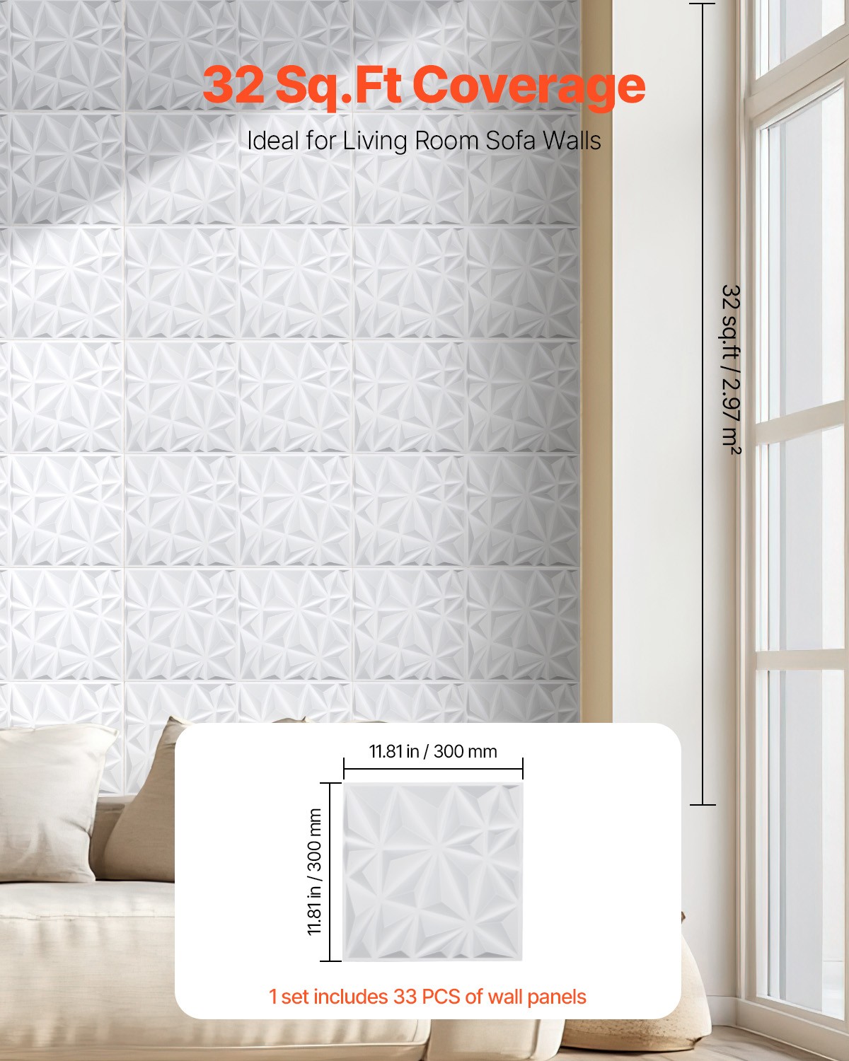 33 Pack White 3D Wall Panels Decorative PVC Tile 11.81" X 11.81" Diamond Design