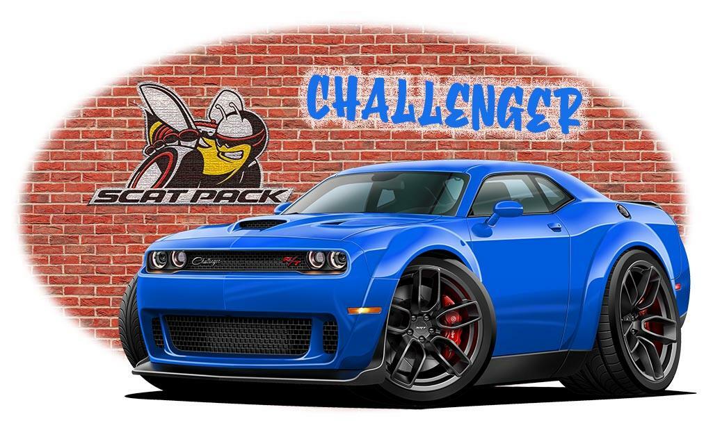 Scat Pack Challenger Widebody Blue Car Brick Wall Full Color Design Tshirt NEW