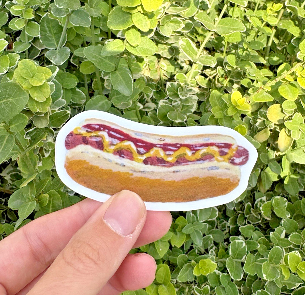 Original acrylic hot dog vinyl STICKER 3 in x 1.25 in by Peachykeetchstudios