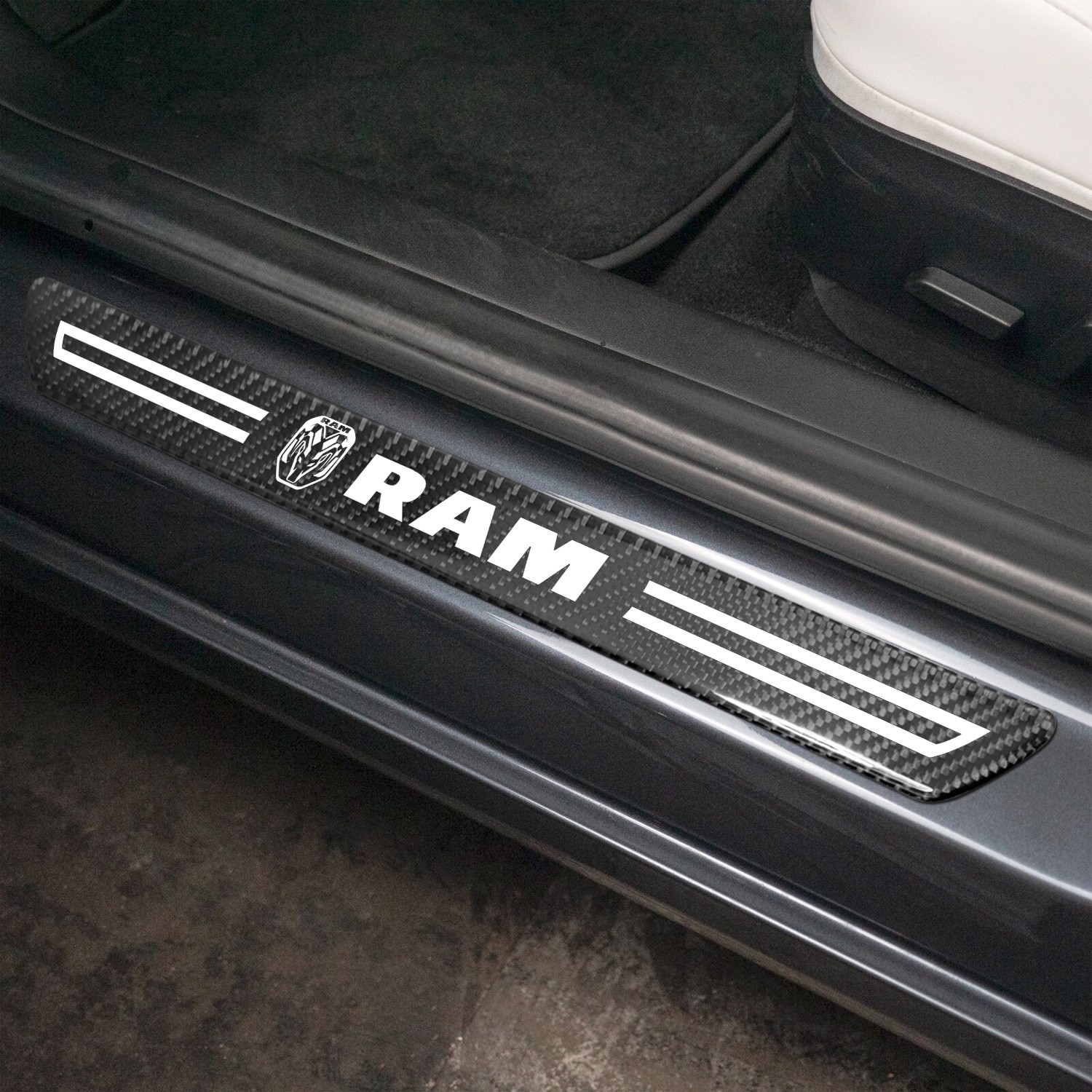 RAM 2019 up Logo Real Carbon Fiber 4 Pcs Door Sill Kick Plates
