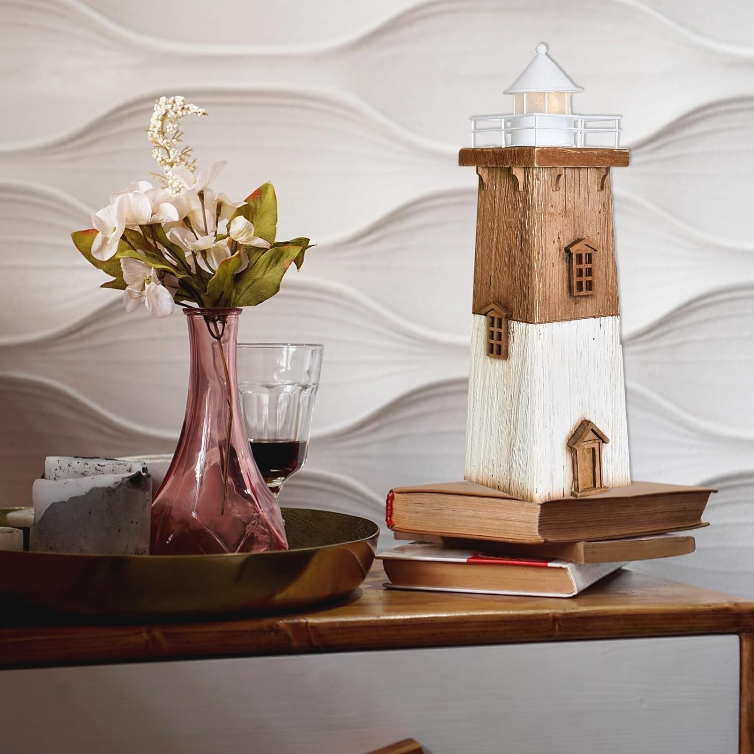 Wooden Lighthouse with Lights Nautical Tabletop Figurine (Brown)