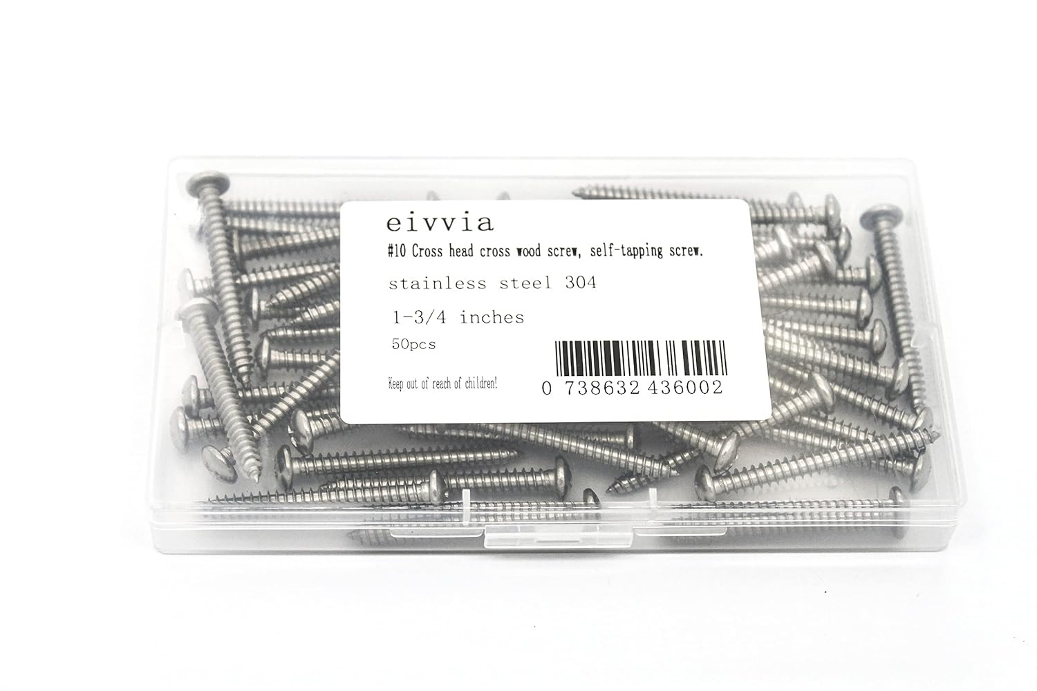 50Pcs #10 X 1-3/4" Stainless Steel Cross Head Cross Wood Screw, 18-8 (304) Stain