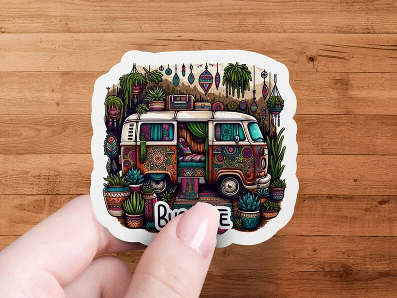 Vintage Vans Camper Stickers – Colorful Retro Bus Life Decals, Boho Travel Vibes