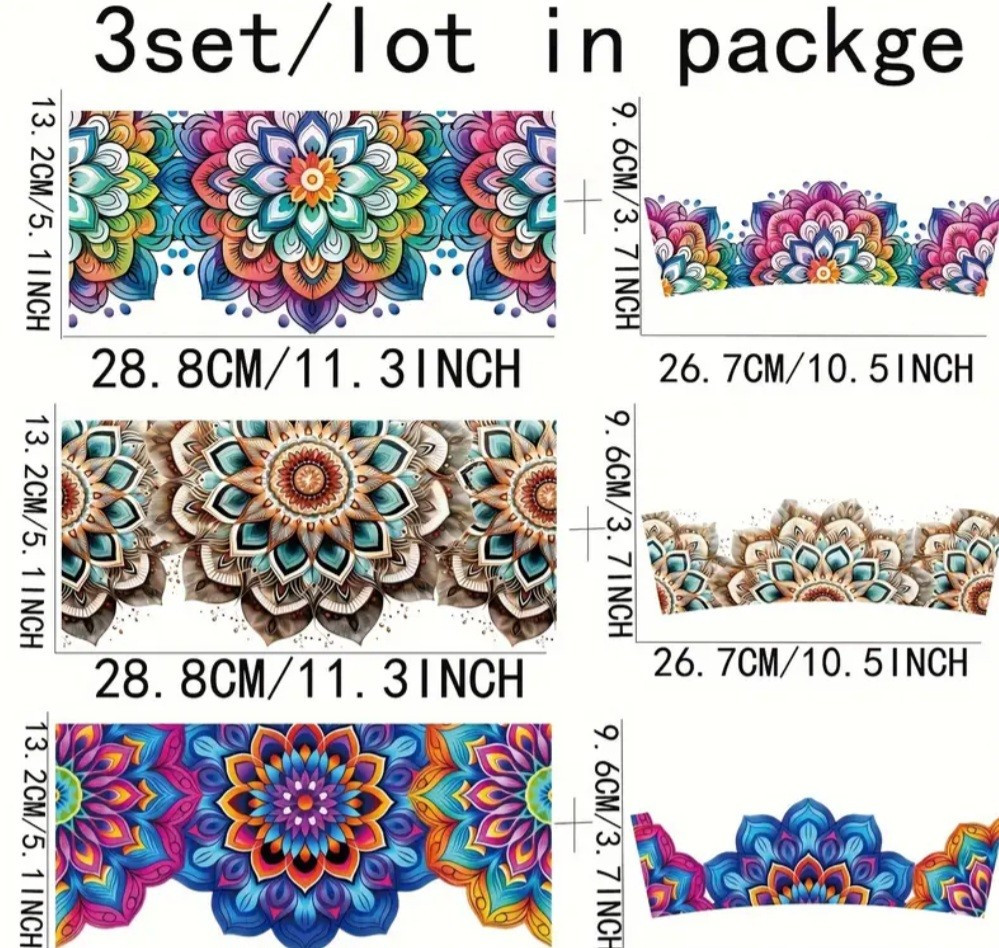 UV DTF Colorful Mandala Handcrafted Decals Stanley Cup 2 piece Sticker Set 3 Ea