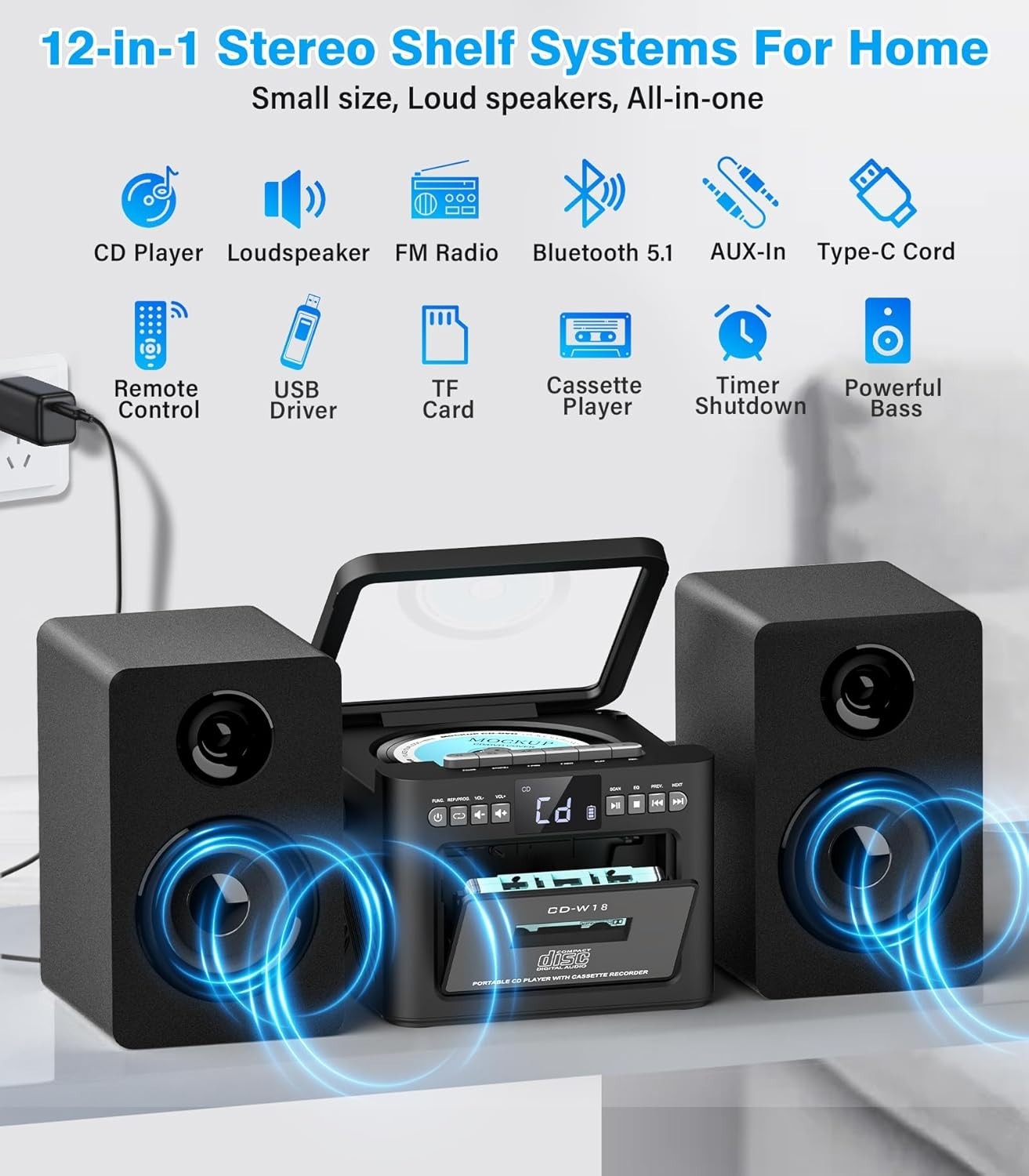 Stereo System for Home with Boombox CD and Cassette Player Combo, 40W Home Stere