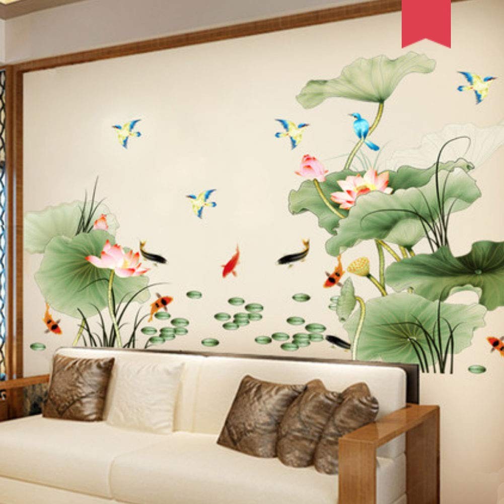 Lotus Flower Bird Fish Wall Decor Decal Sticker,Living Room PVC Mural Decorat…