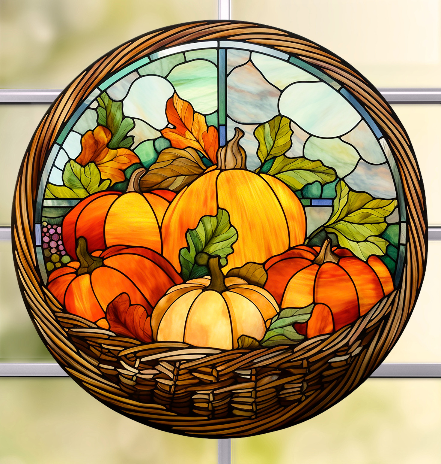 Fall Pumpkins Faux Stained-Glass WINDOW CLING Size 8" Round repositionable Vinyl
