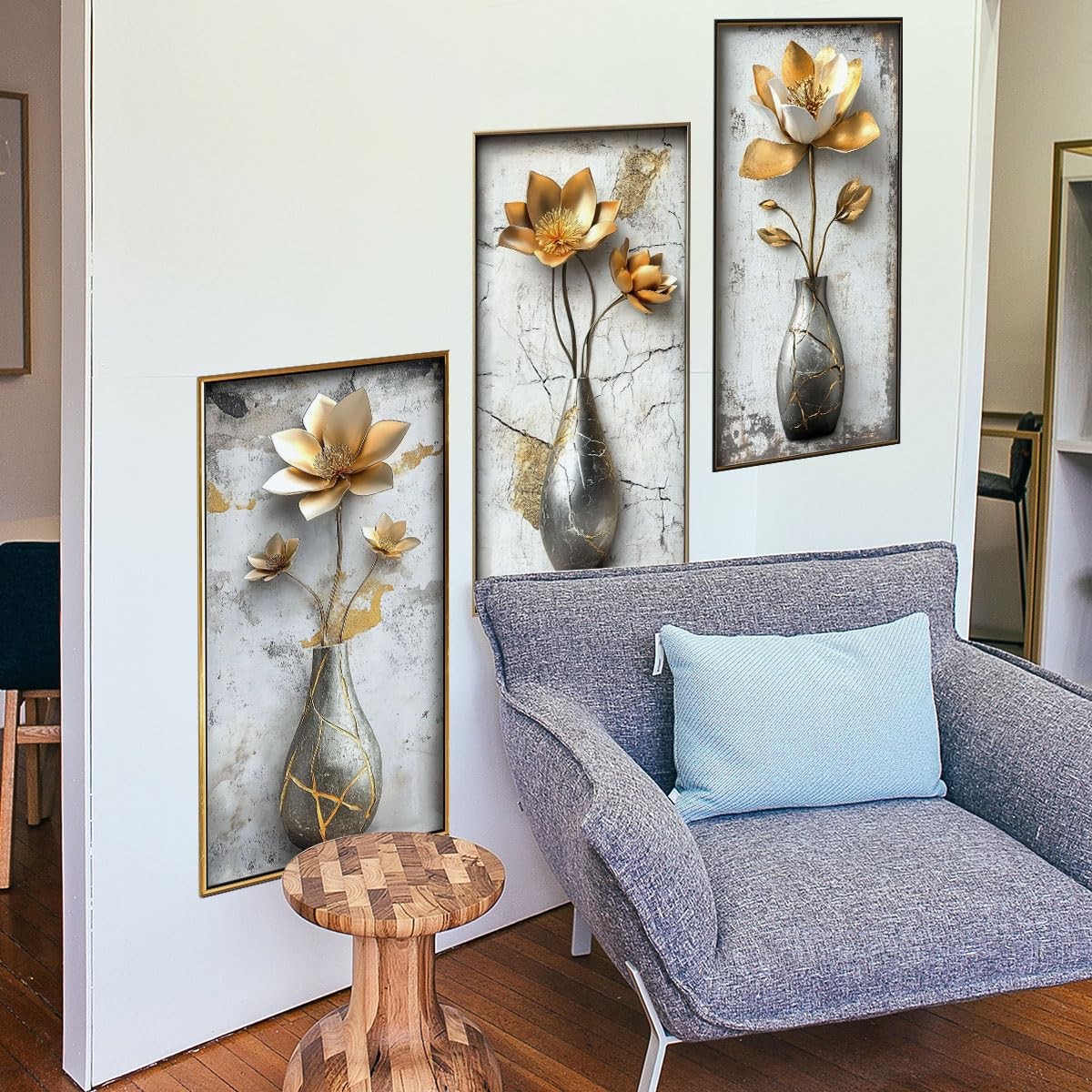 3D Flower Wall Art Stickers Gold Floral Vase Wall Decals Peel and Stick Livin…