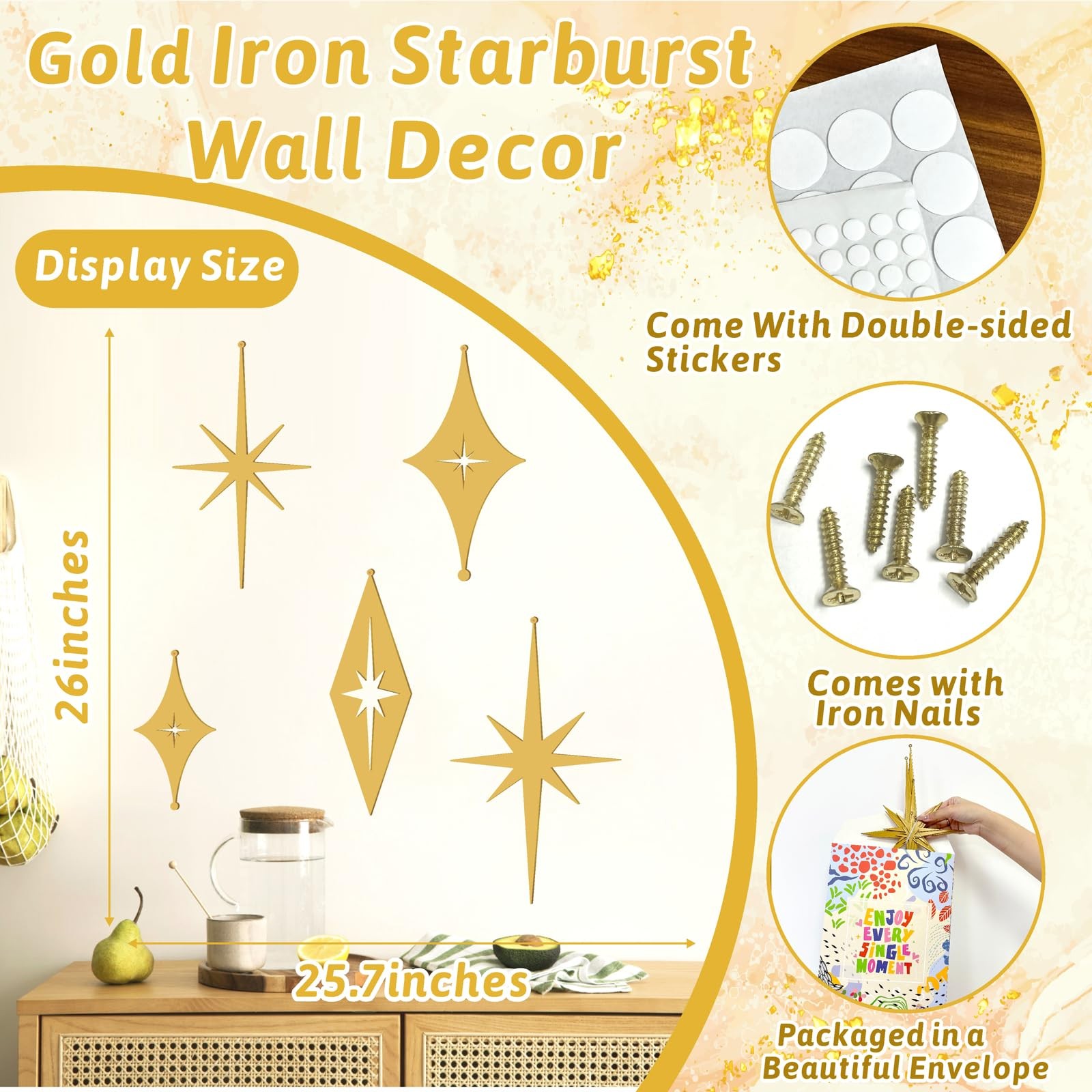 5 PCS Cast Iron Stars Wall Decor Starburst Metal Walls Art Mid Century Modern…