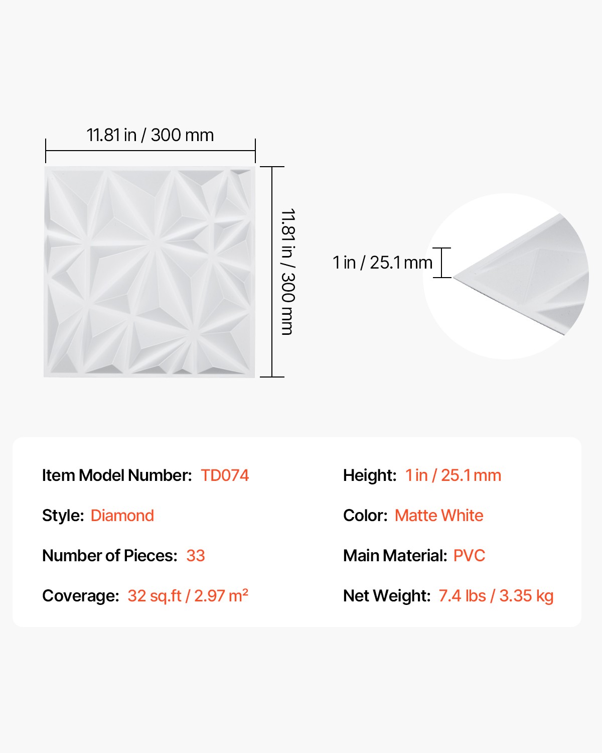 33 Pack White 3D Wall Panels Decorative PVC Tile 11.81" X 11.81" Diamond Design