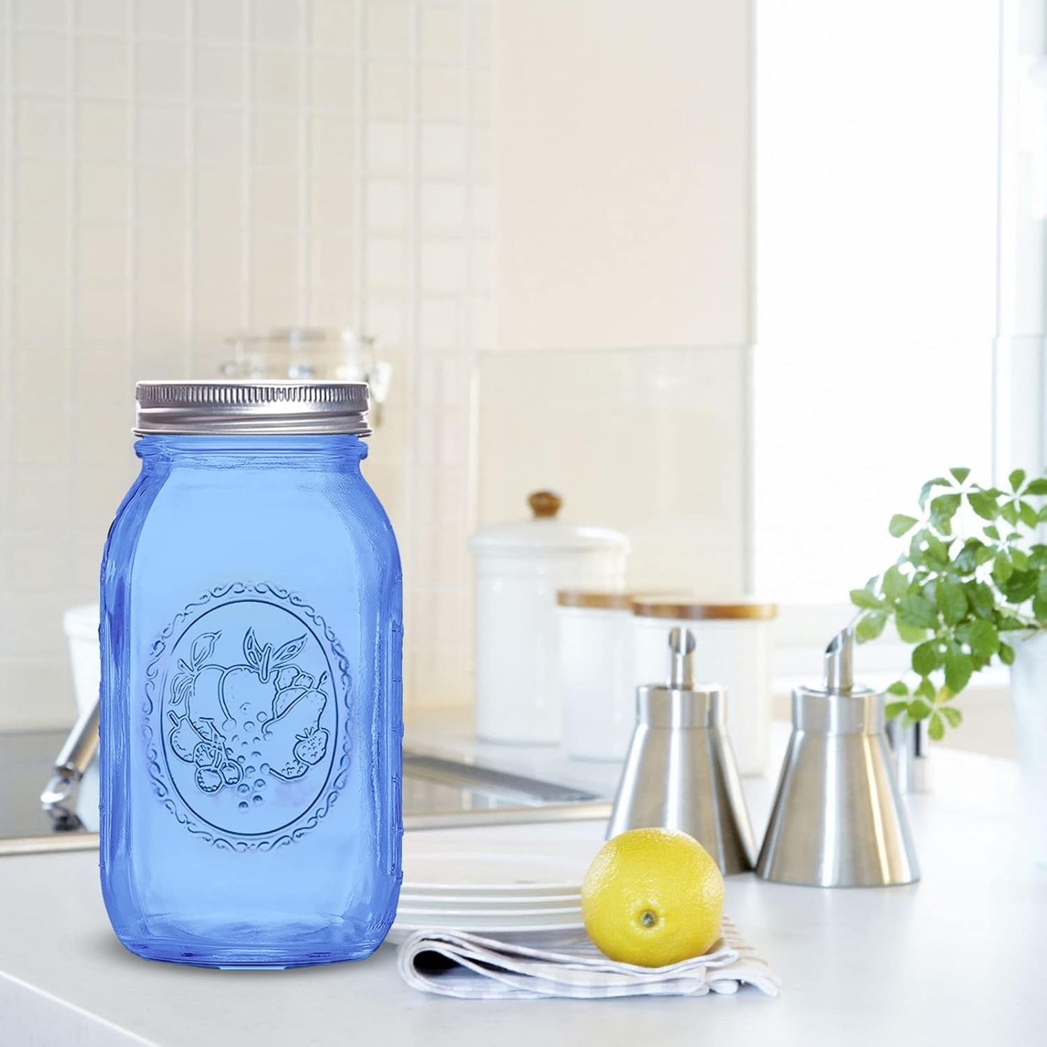 Regular Mouth Mason Jars 32 oz,6 Pack Blue Glass Colored Canning Jars with Airti