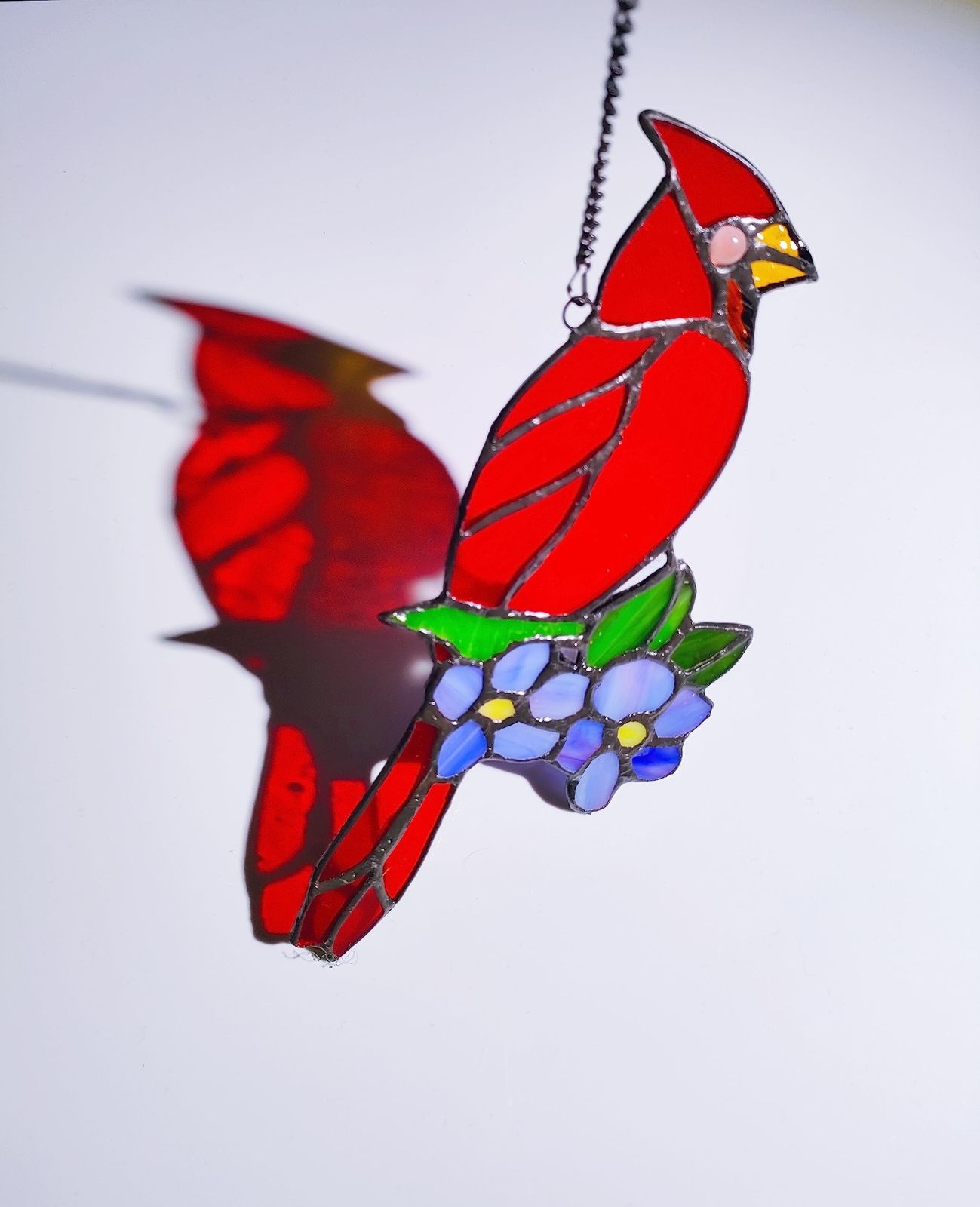 Cardinal Bird and Dogwood Stained Glass Window Panels Hangings Handcrafted Su…