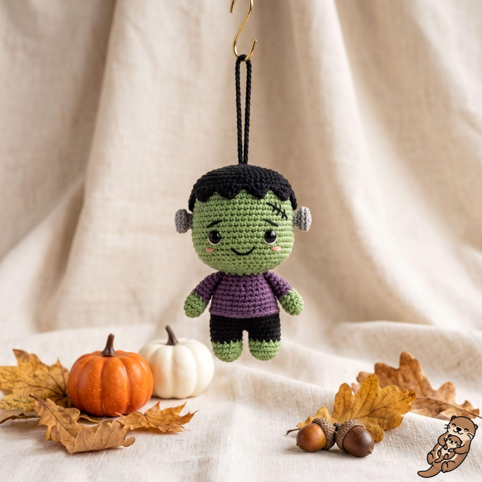 Handmade Frankenstein Crochet Car Charm, Green Monster Halloween Decor