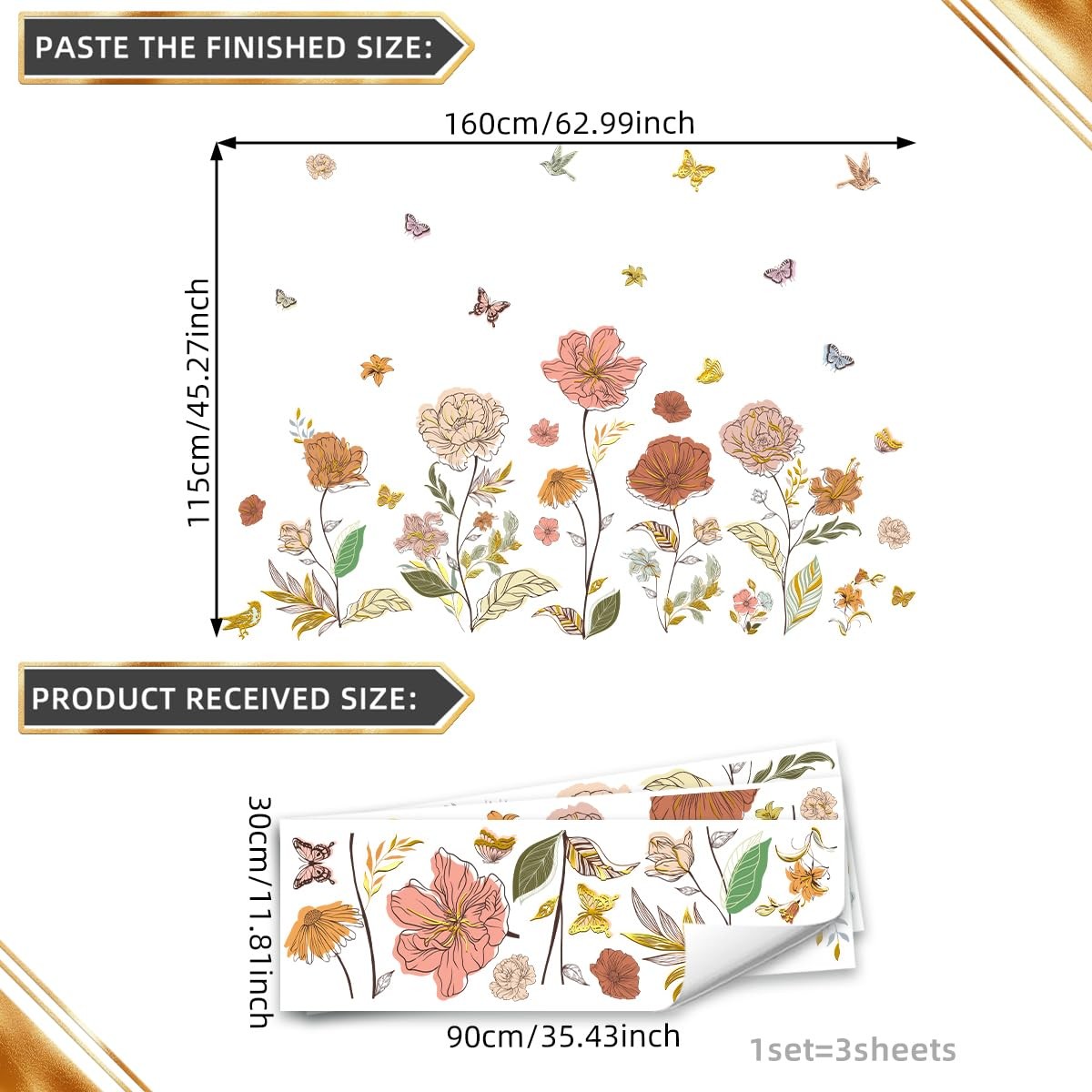 Boho Floral Wall Stickers Peony & Butterfly Wall Decals, Bohemia Flower Decor…