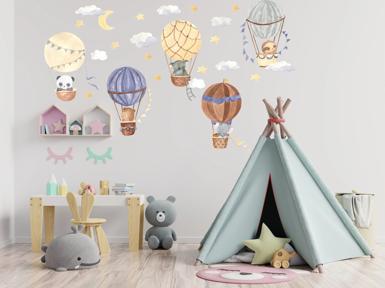 Hot Air Balloon Wall Stickers – Animals Clouds Nursery Decor Decal – Baby Kids