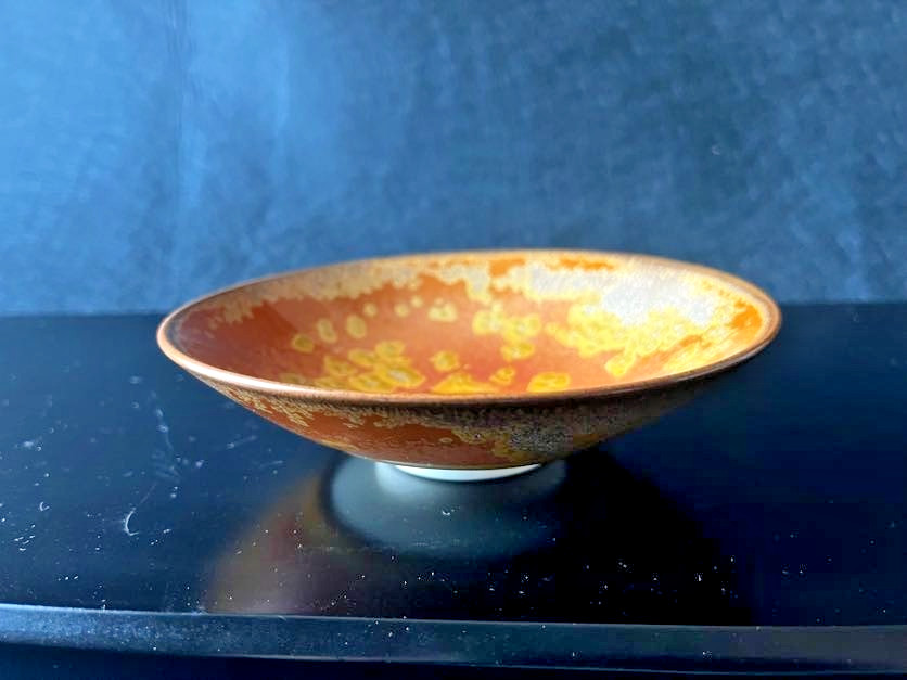 Baba Shinemon Japanese Crystal Glaze Tea Bowl Gold Orange Chawan Signed