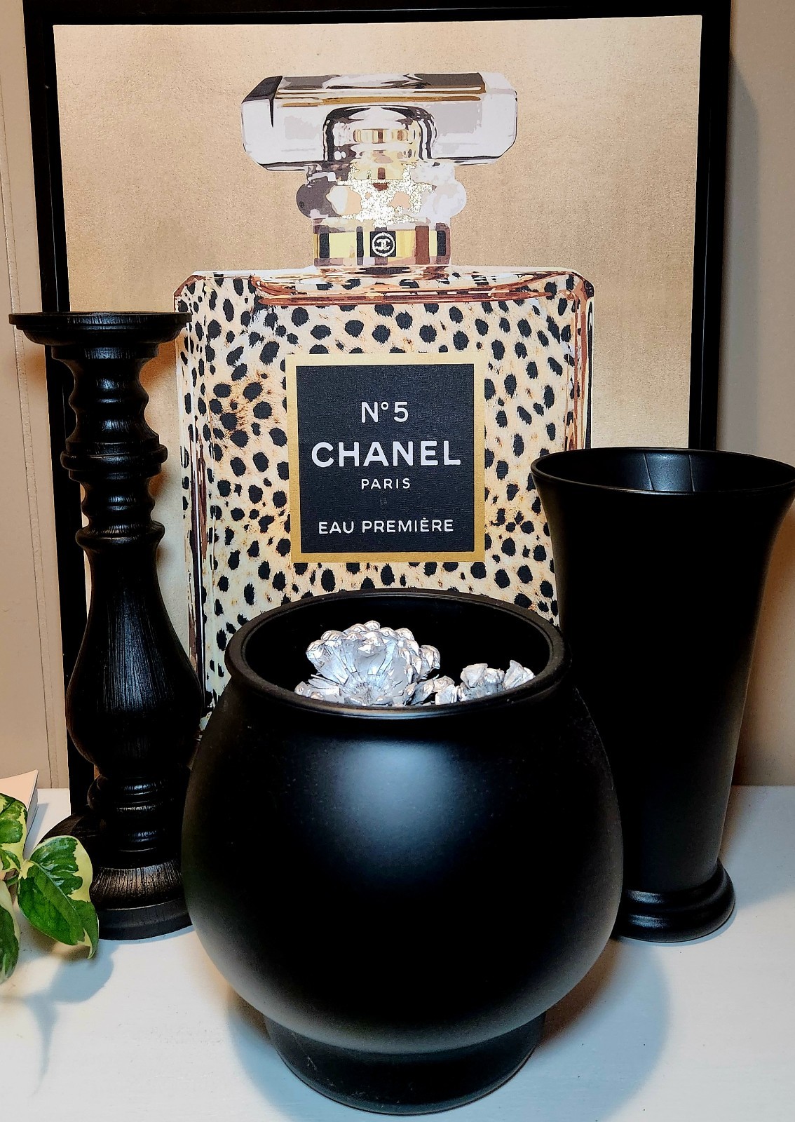 Black three piece decor set: Ceramic round vase, medium vase, & candle holder.