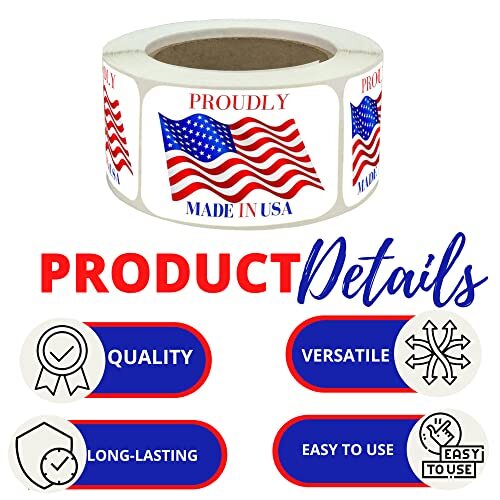500 Pcs Made In USA American Flag Stickers Vinyl Decal Sticker Roll, 2×3 Inch