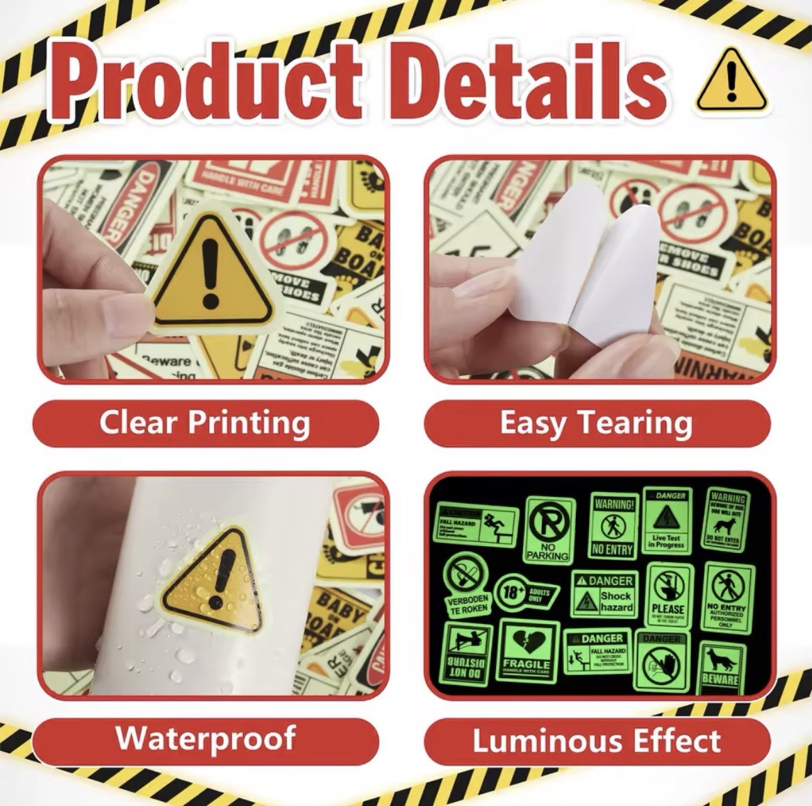 10 Matte-Glow in Dark Danger Caution Stickers 1-2”inch Door Car Cup Bin Laptop