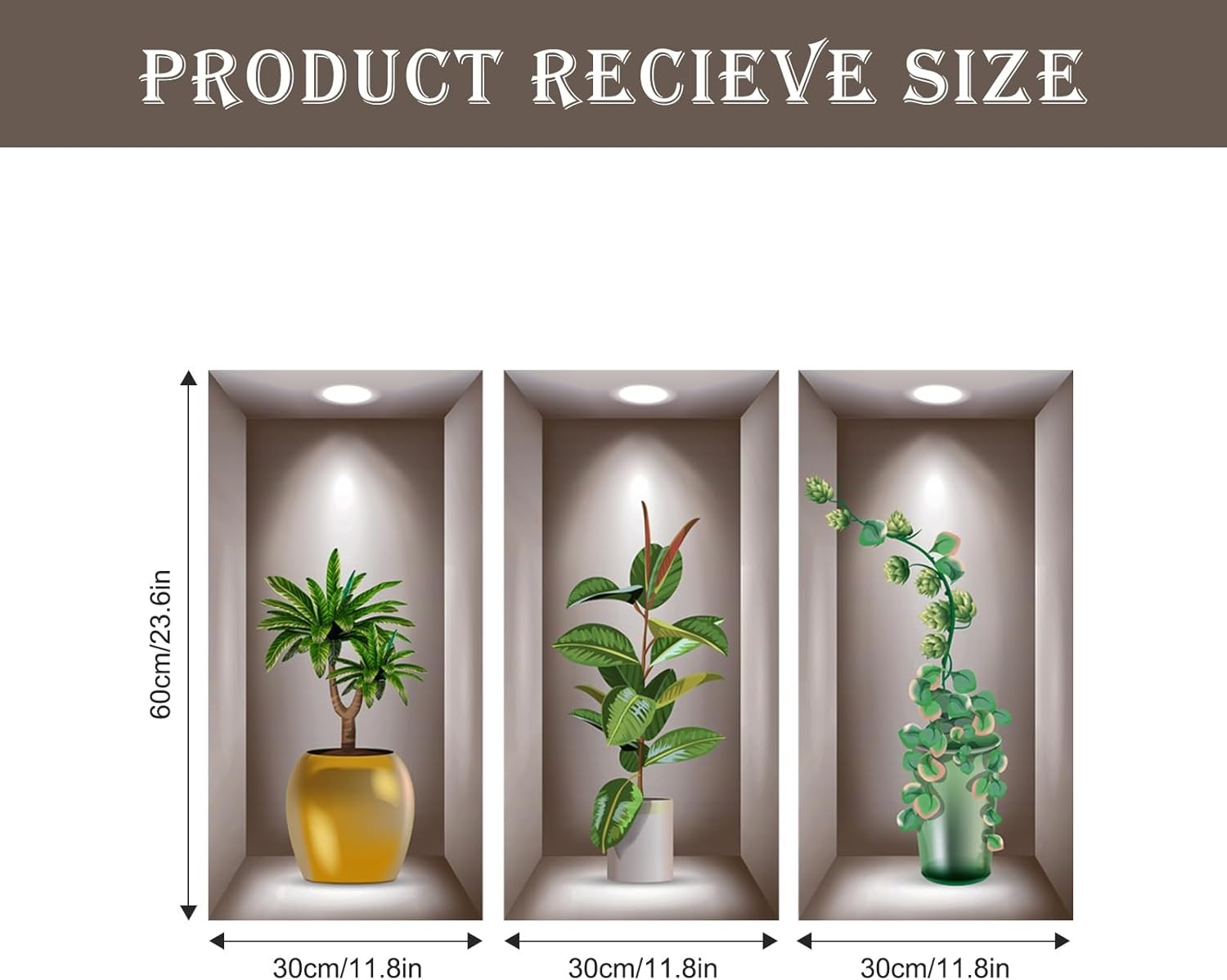 3D Potted Plants Wall Stickers Set of 3 Green Leaves Multi-colored