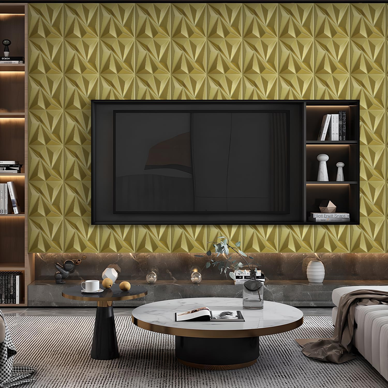 33 Pack 3D Wall Panels, 12"X12" Champaign Gold Accent Tiles for Home Decor